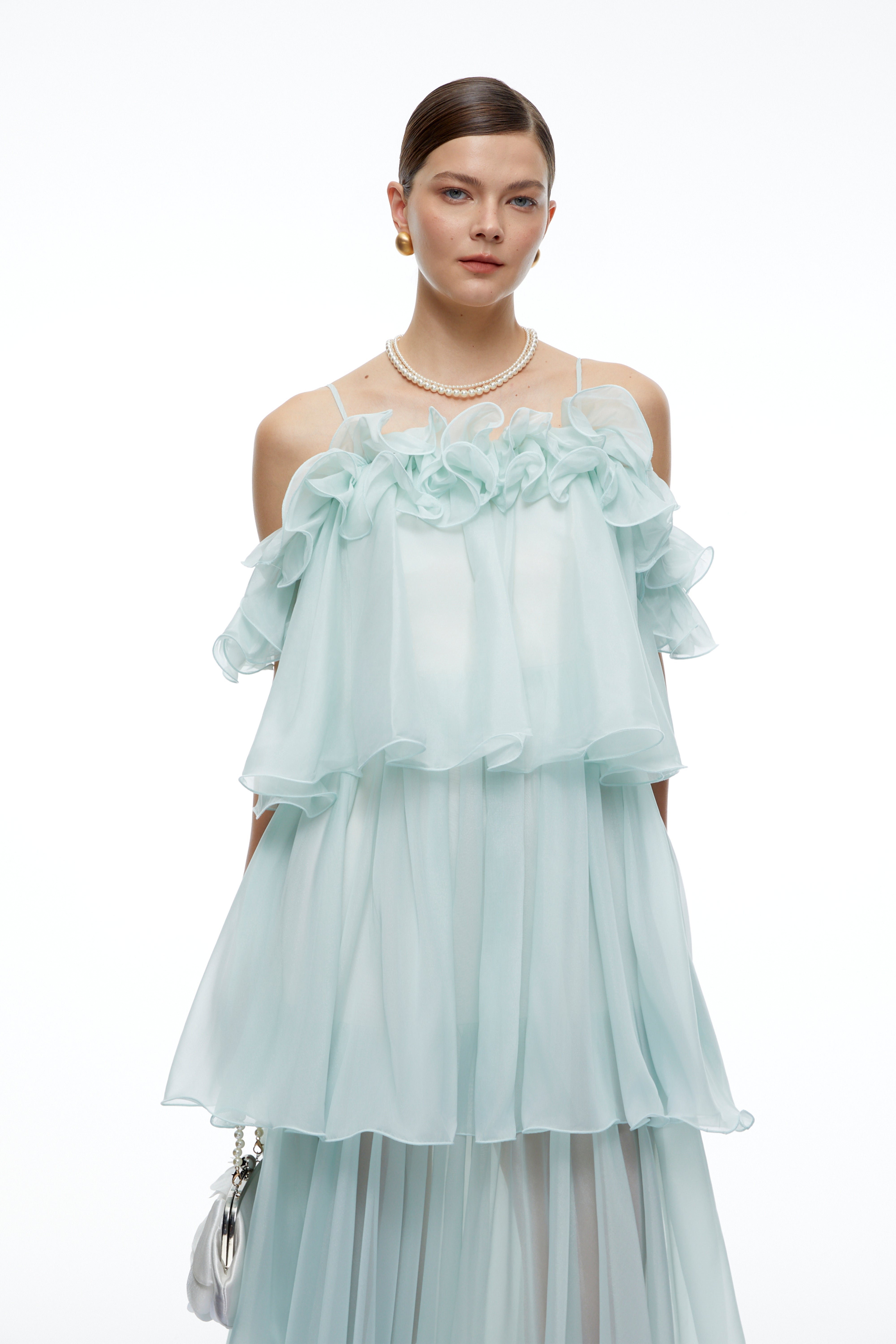 Olivienne Mint Green Off Shoulder Tiered Ruffled Midi Dress