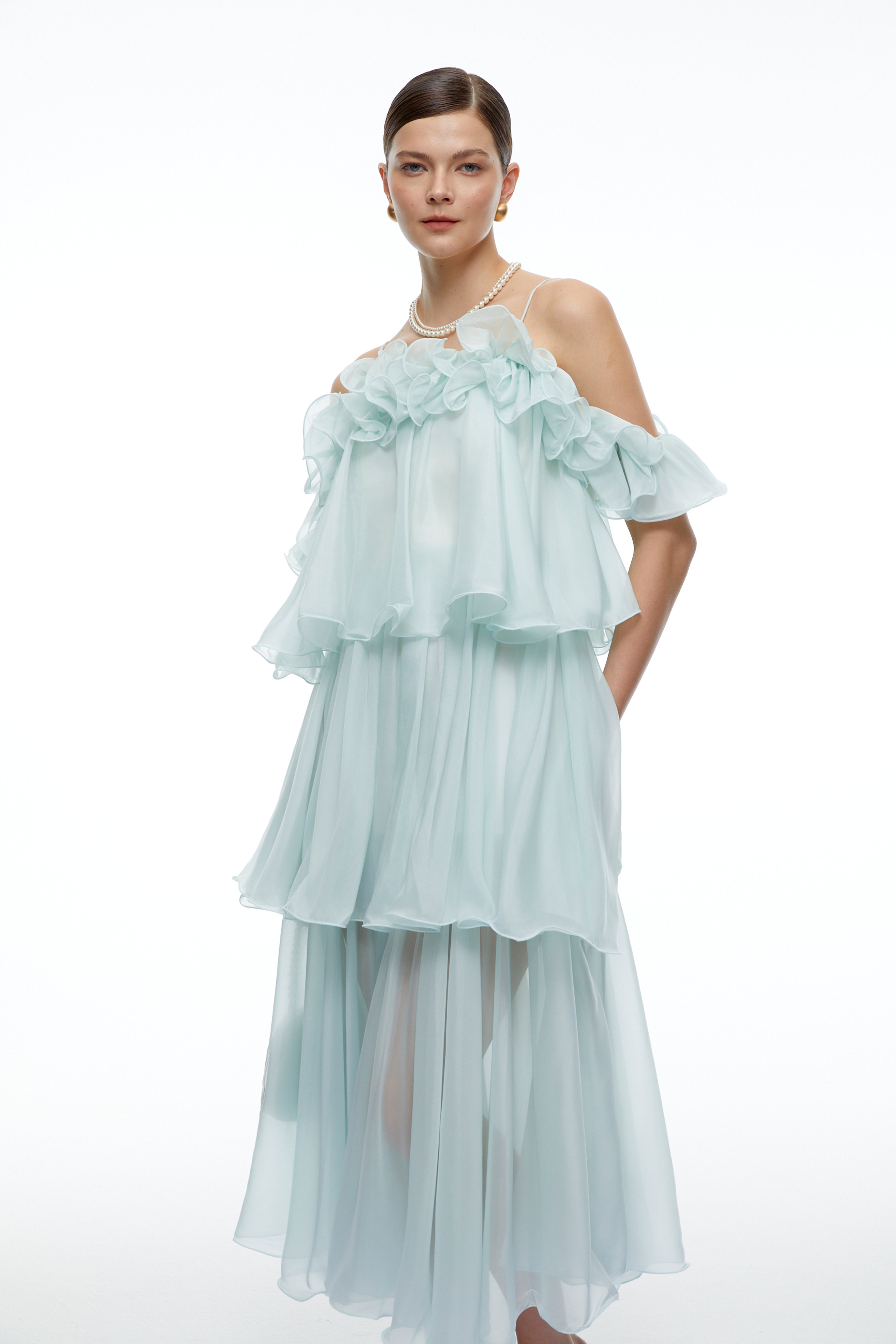 Olivienne Mint Green Off Shoulder Tiered Ruffled Midi Dress