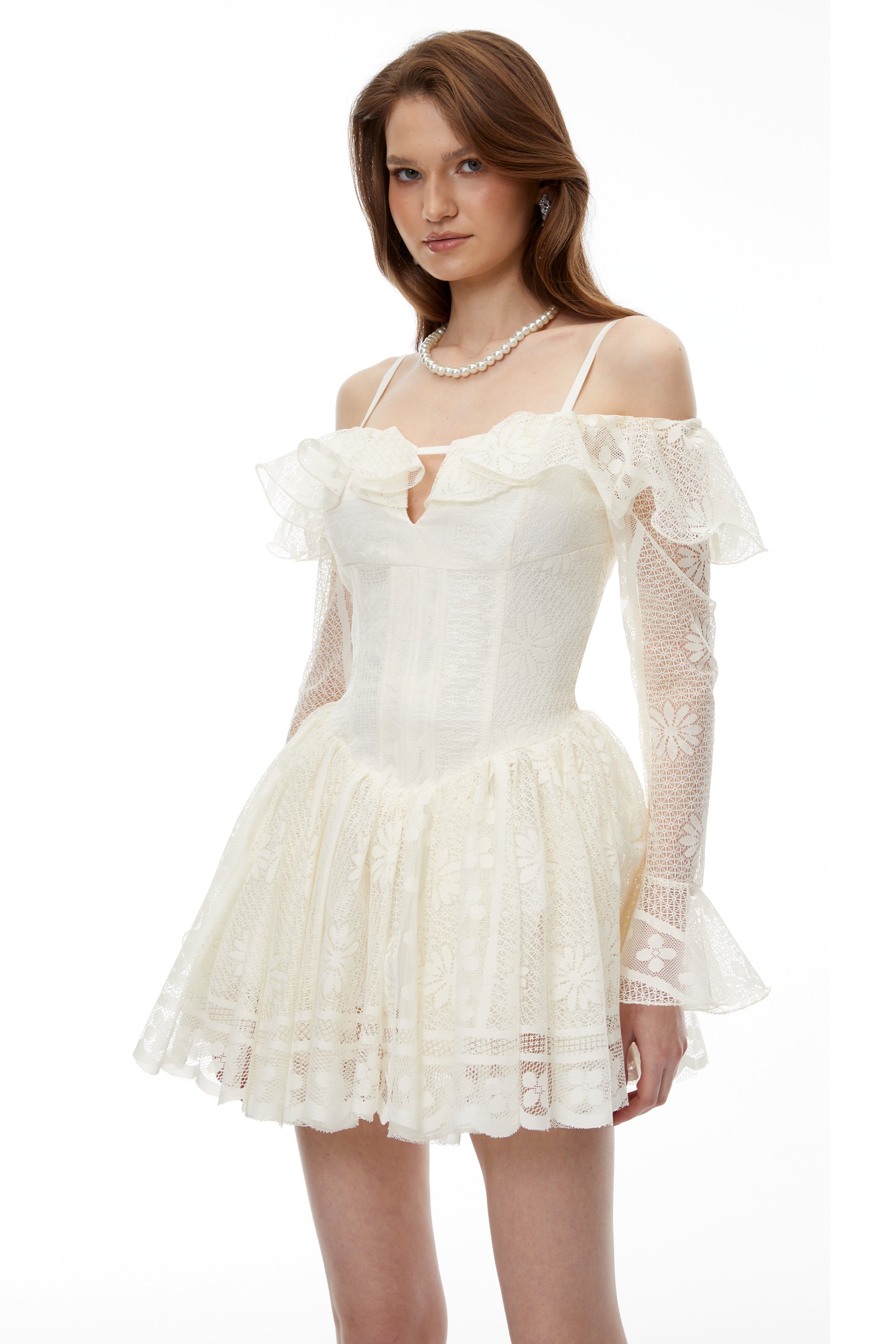 Omphale Neutral Floral Lace Ruffled Mini Dress (Final Sale)