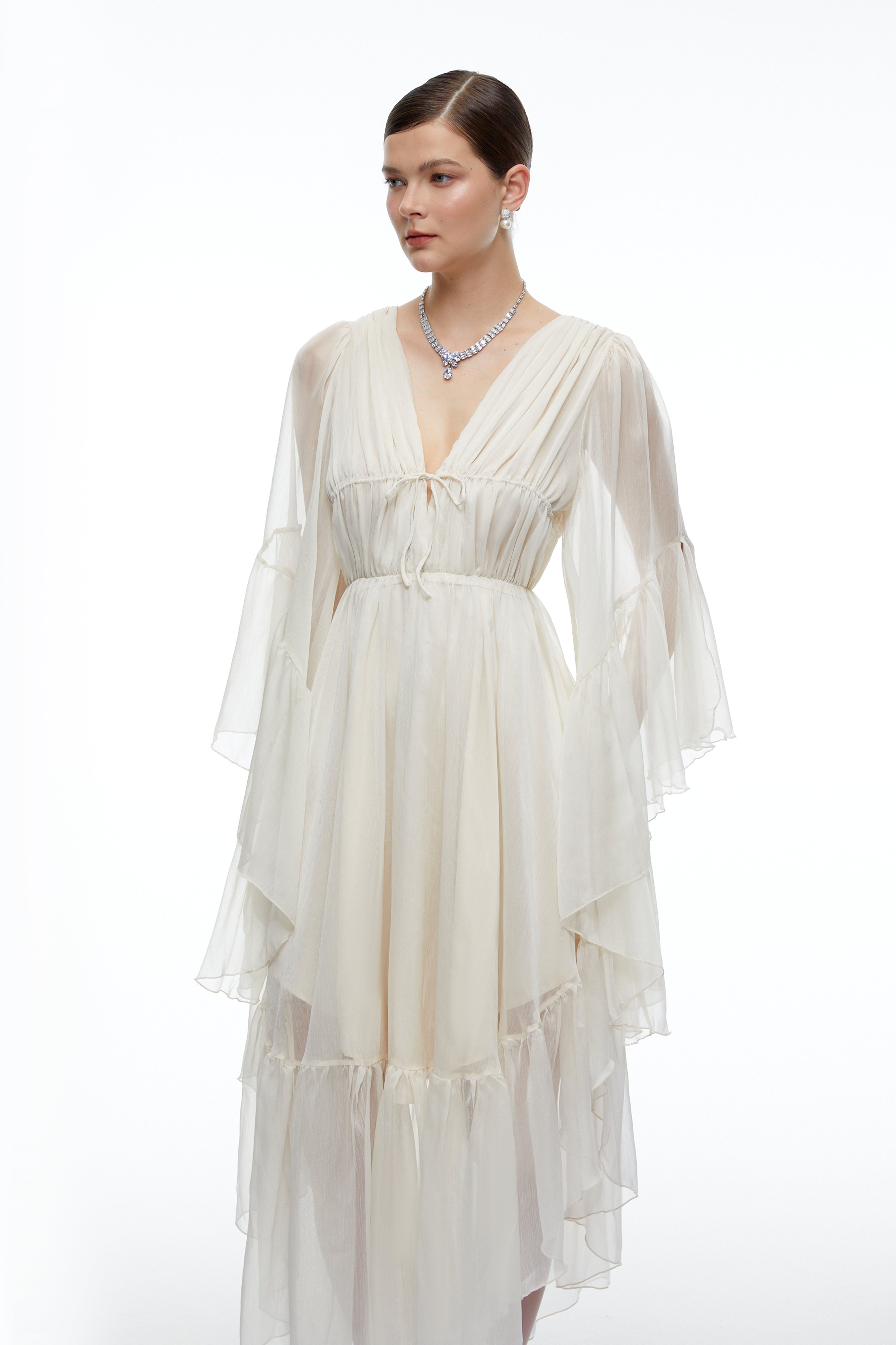 Ondine Neutral Plunging Long Sleeve Tiered Midi Dress