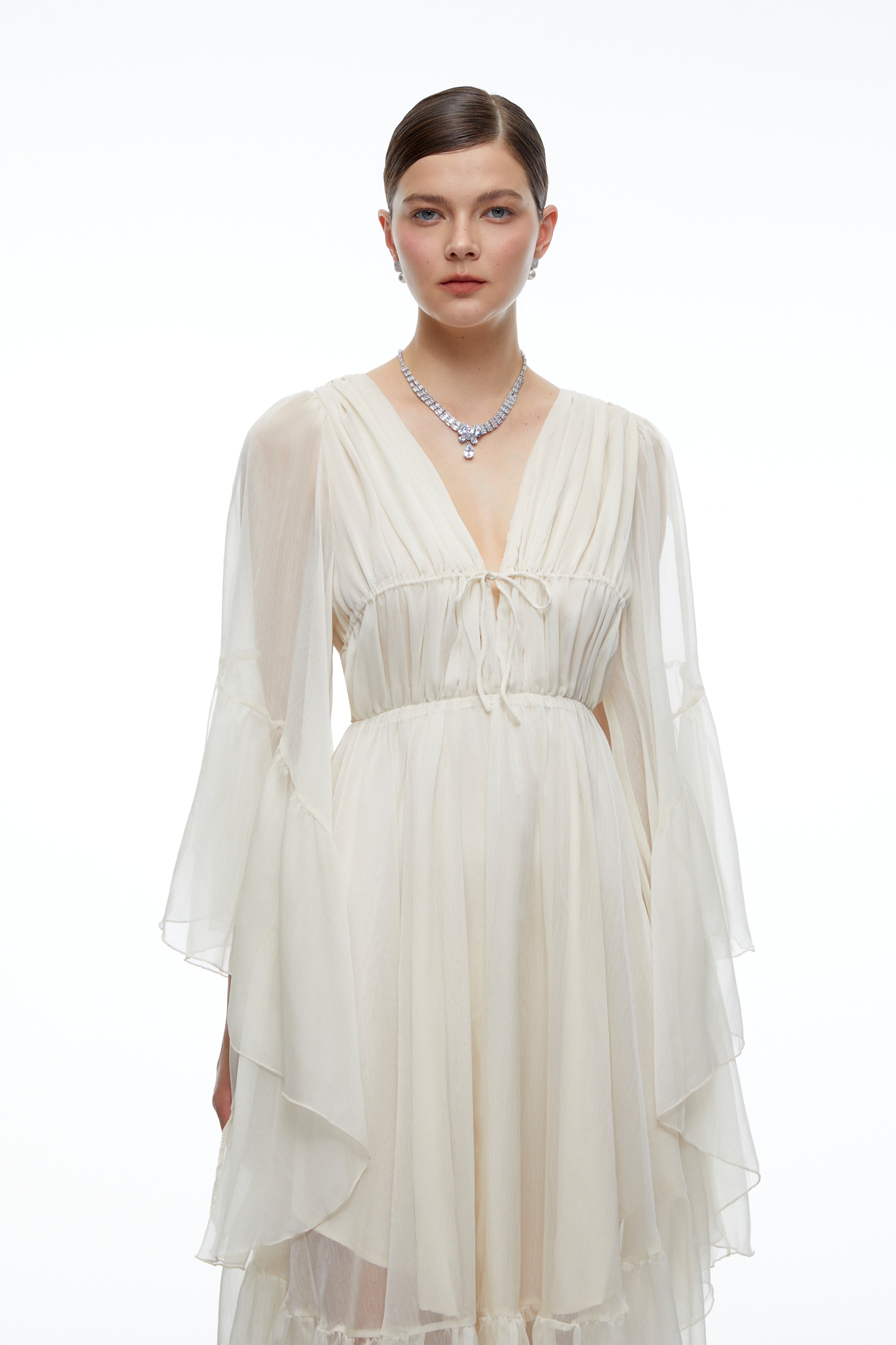 Ondine Neutral Plunging Long Sleeve Tiered Midi Dress