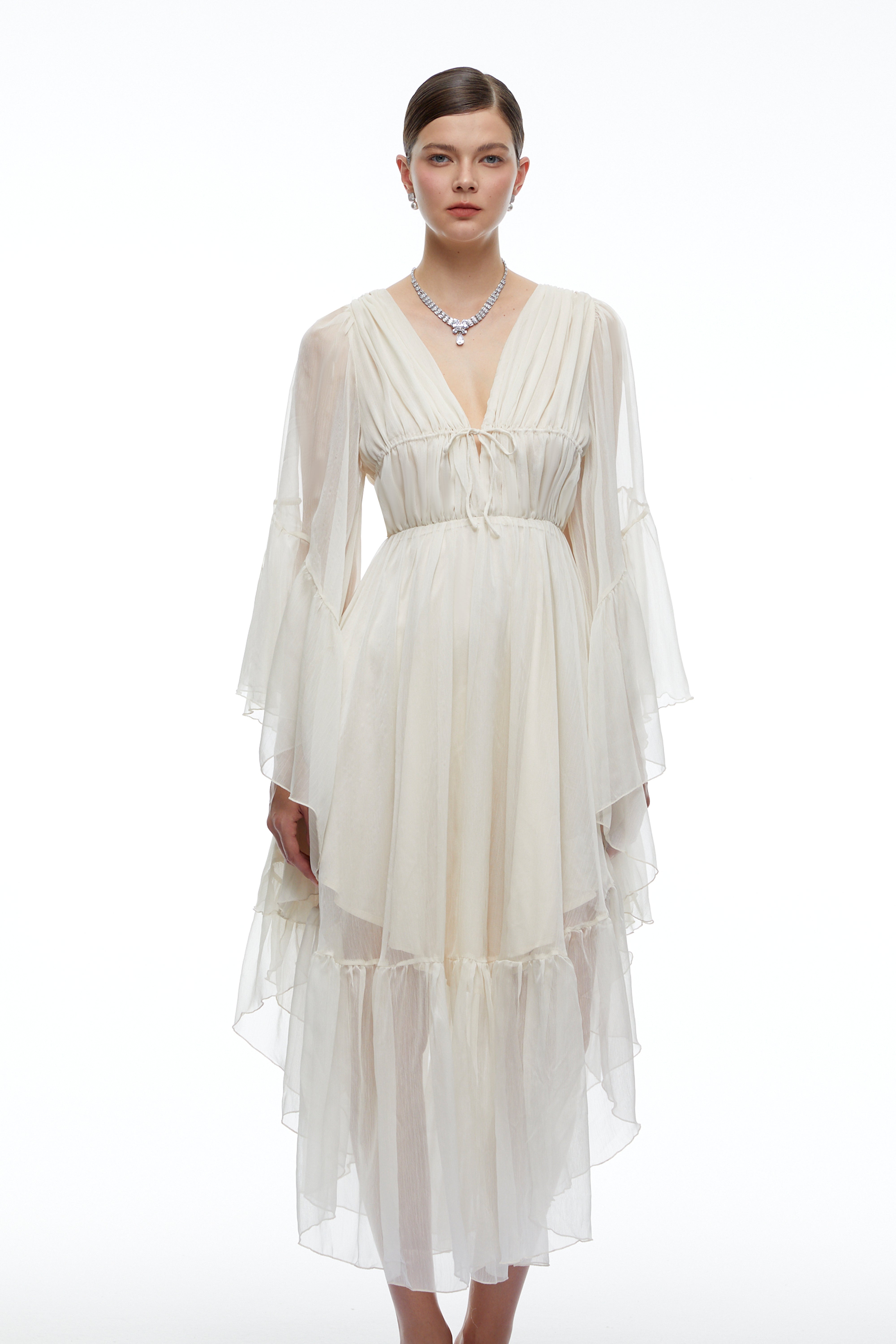 Ondine Neutral Plunging Long Sleeve Tiered Midi Dress