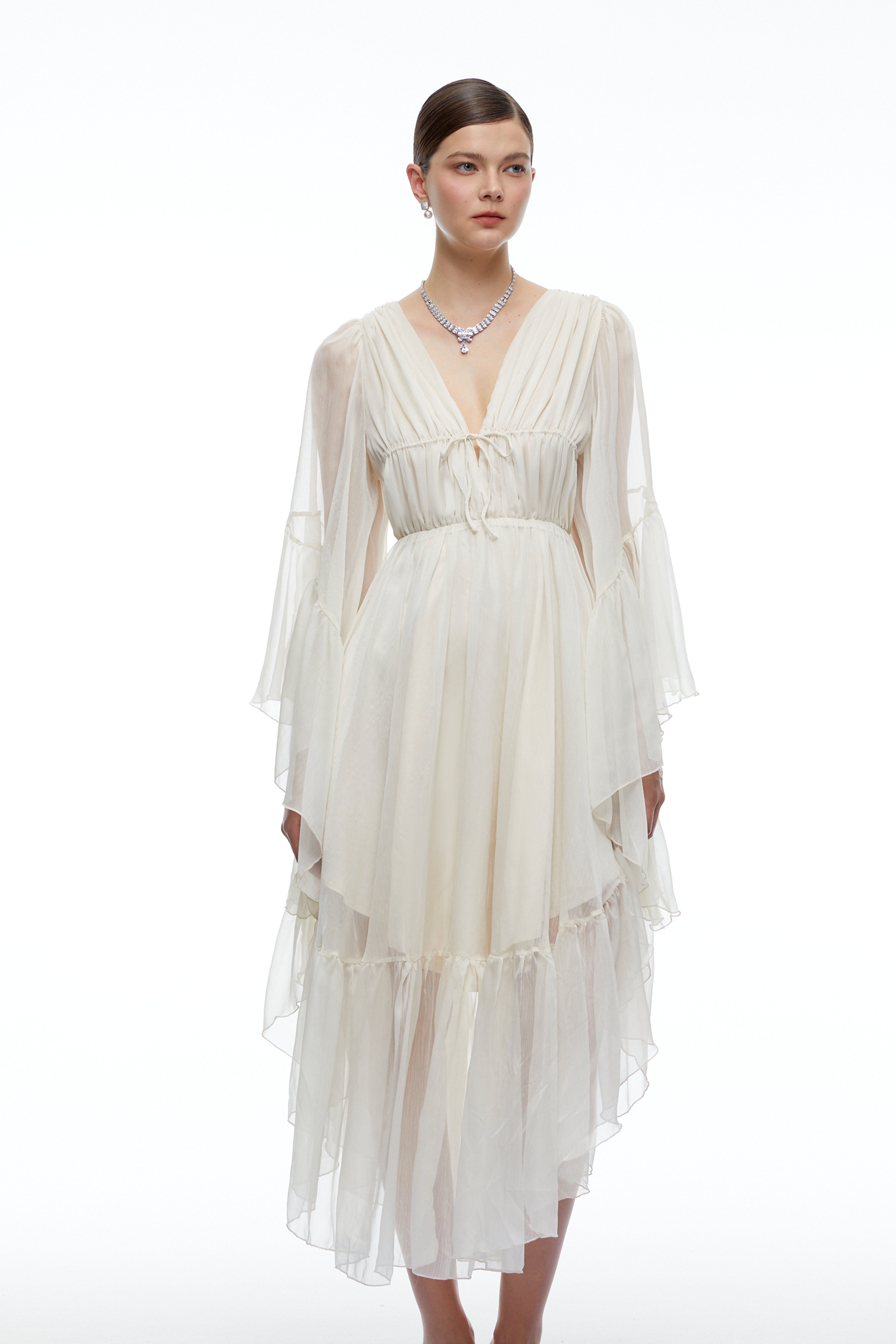 Ondine Neutral Plunging Long Sleeve Tiered Midi Dress