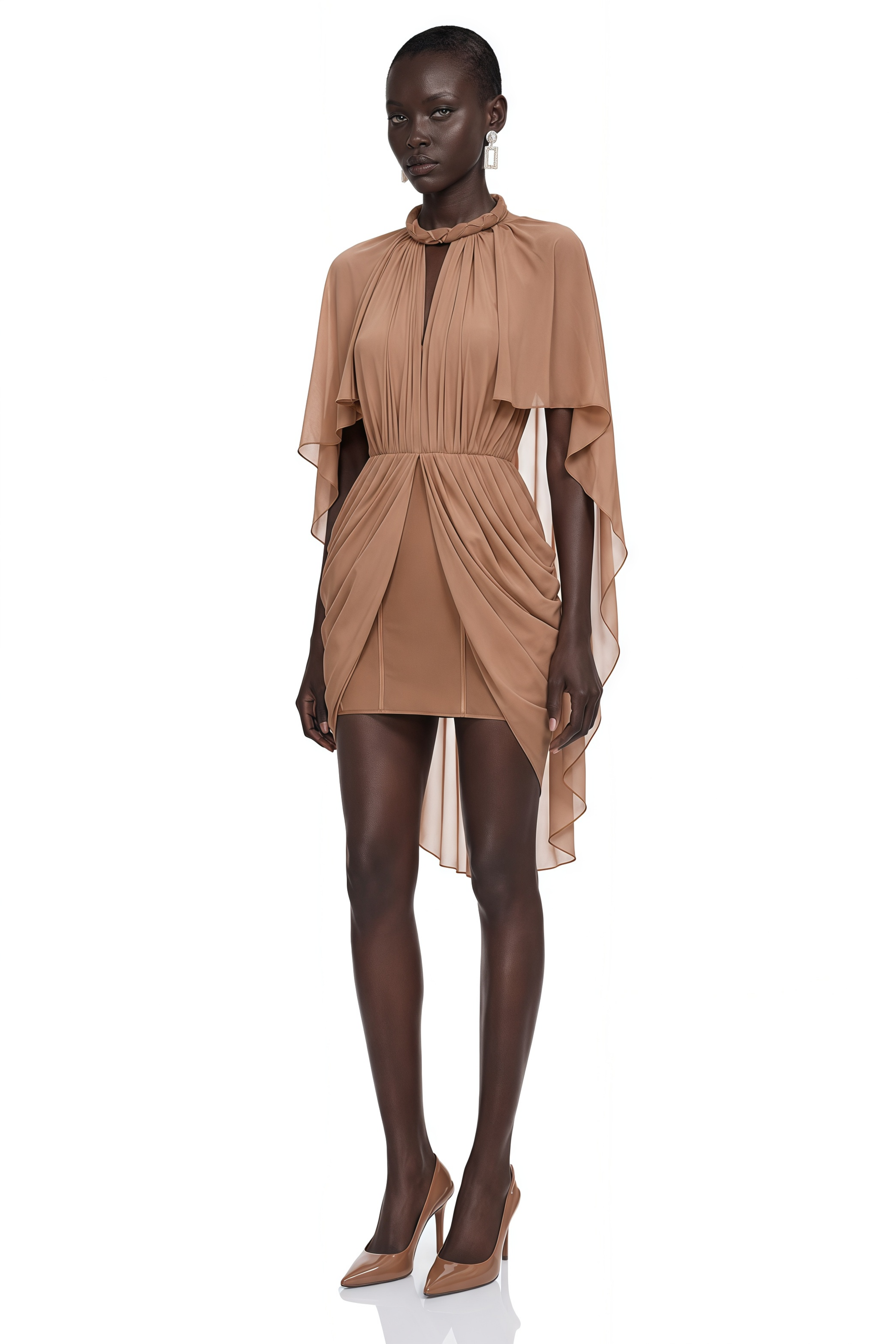 Ondria Brown Draped Cape Sleeve Mini Dress