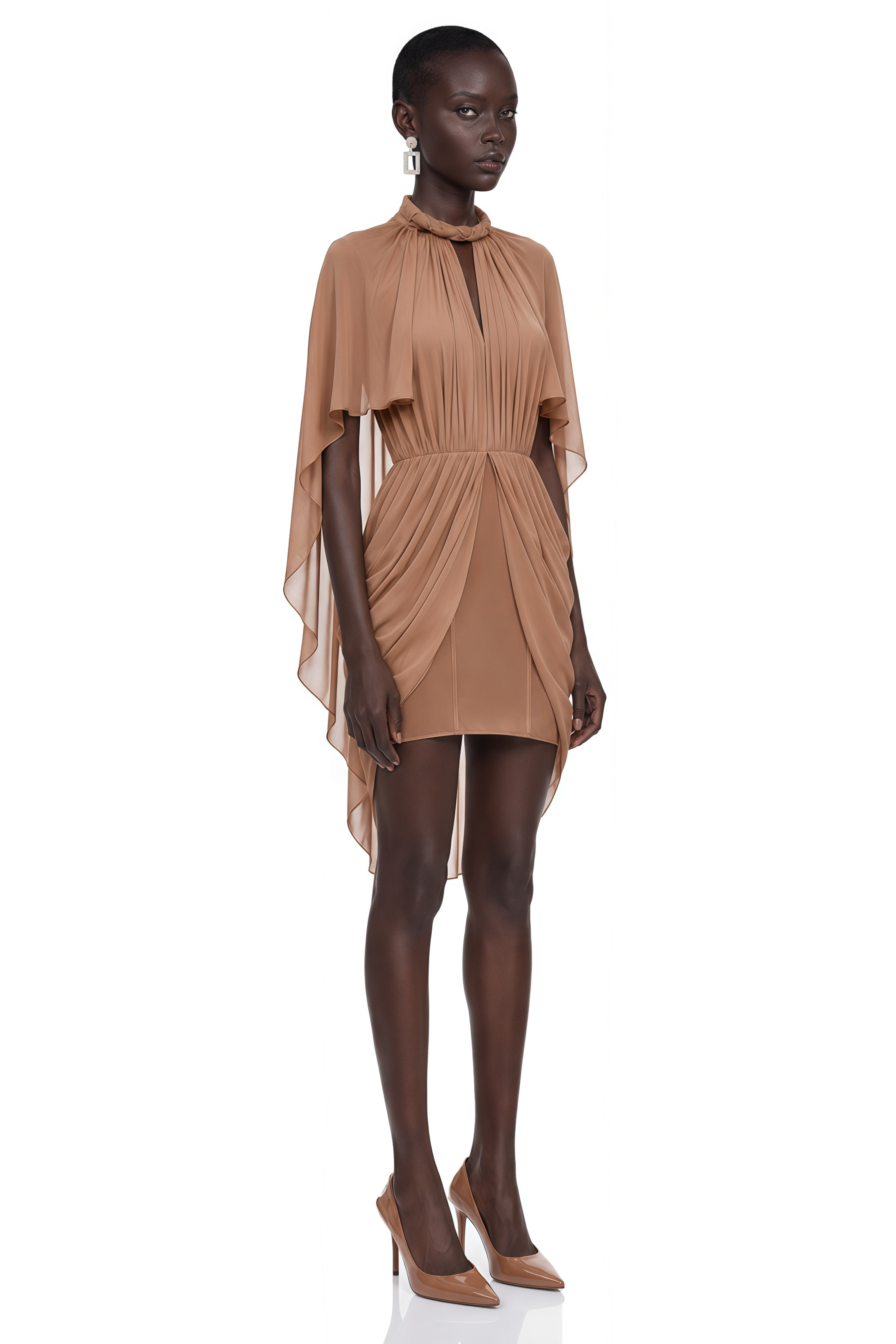 Ondria Brown Draped Cape Sleeve Mini Dress