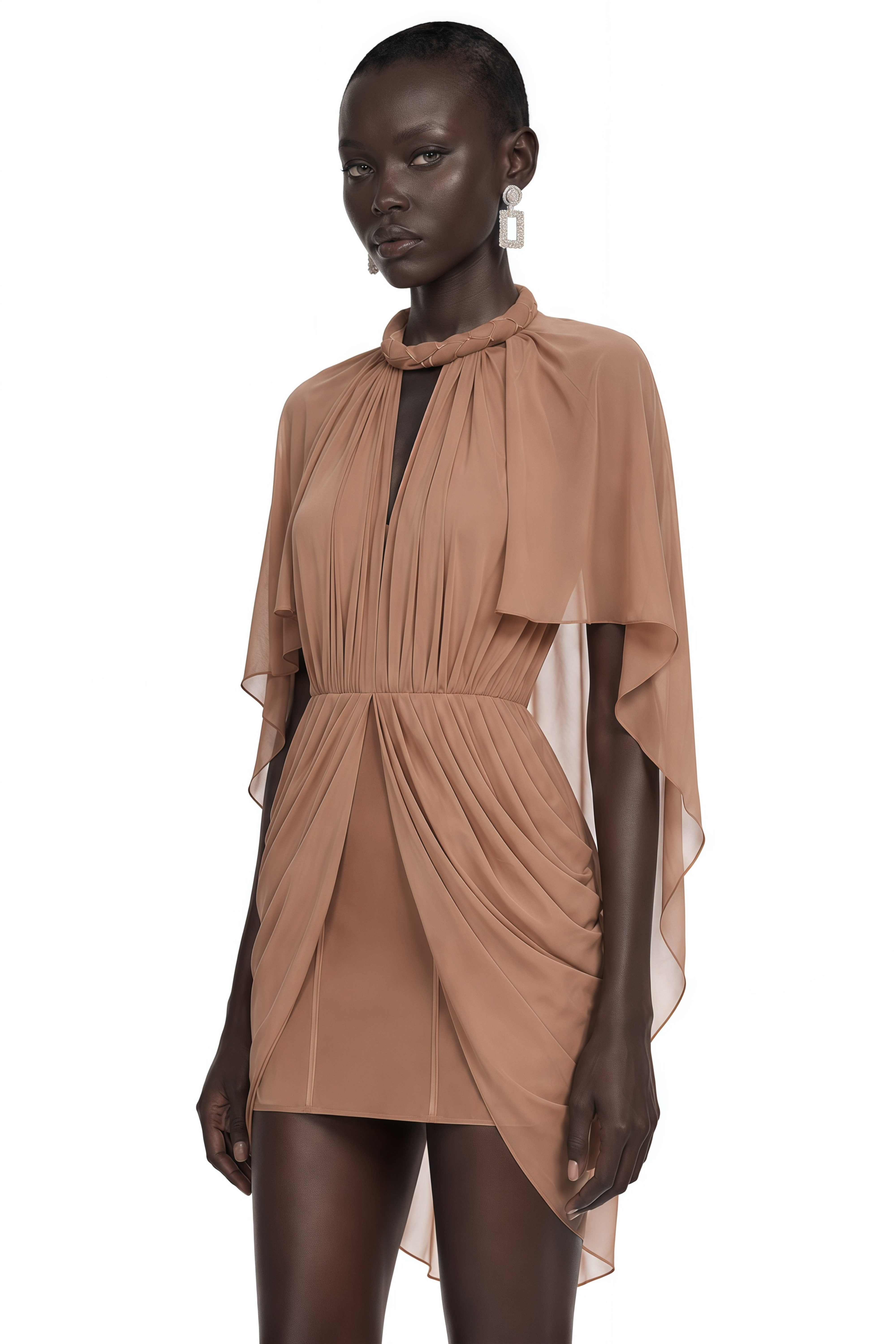 Ondria Brown Draped Cape Sleeve Mini Dress