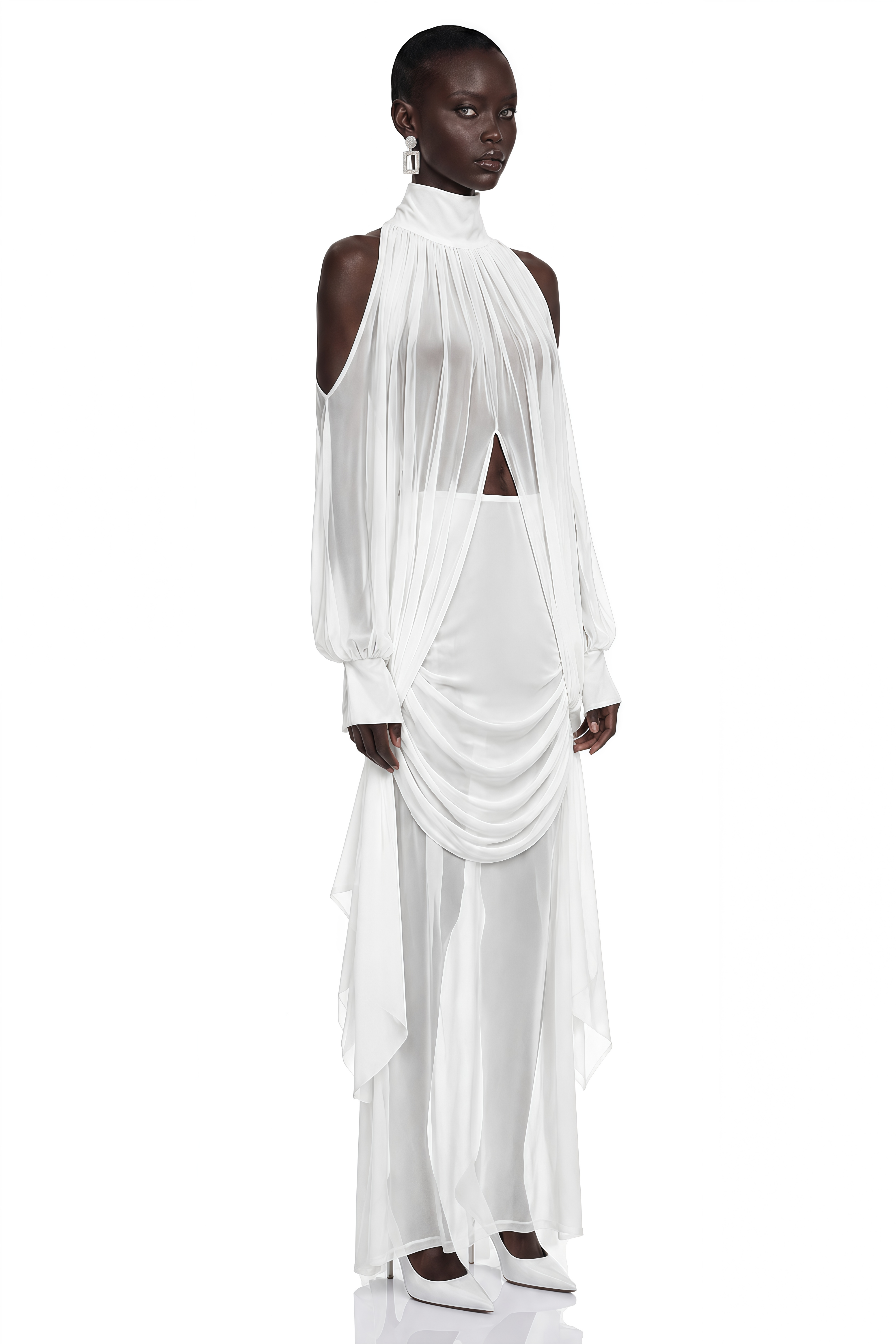 Ophelia White Turtleneck Ruched Top & Skirt Set