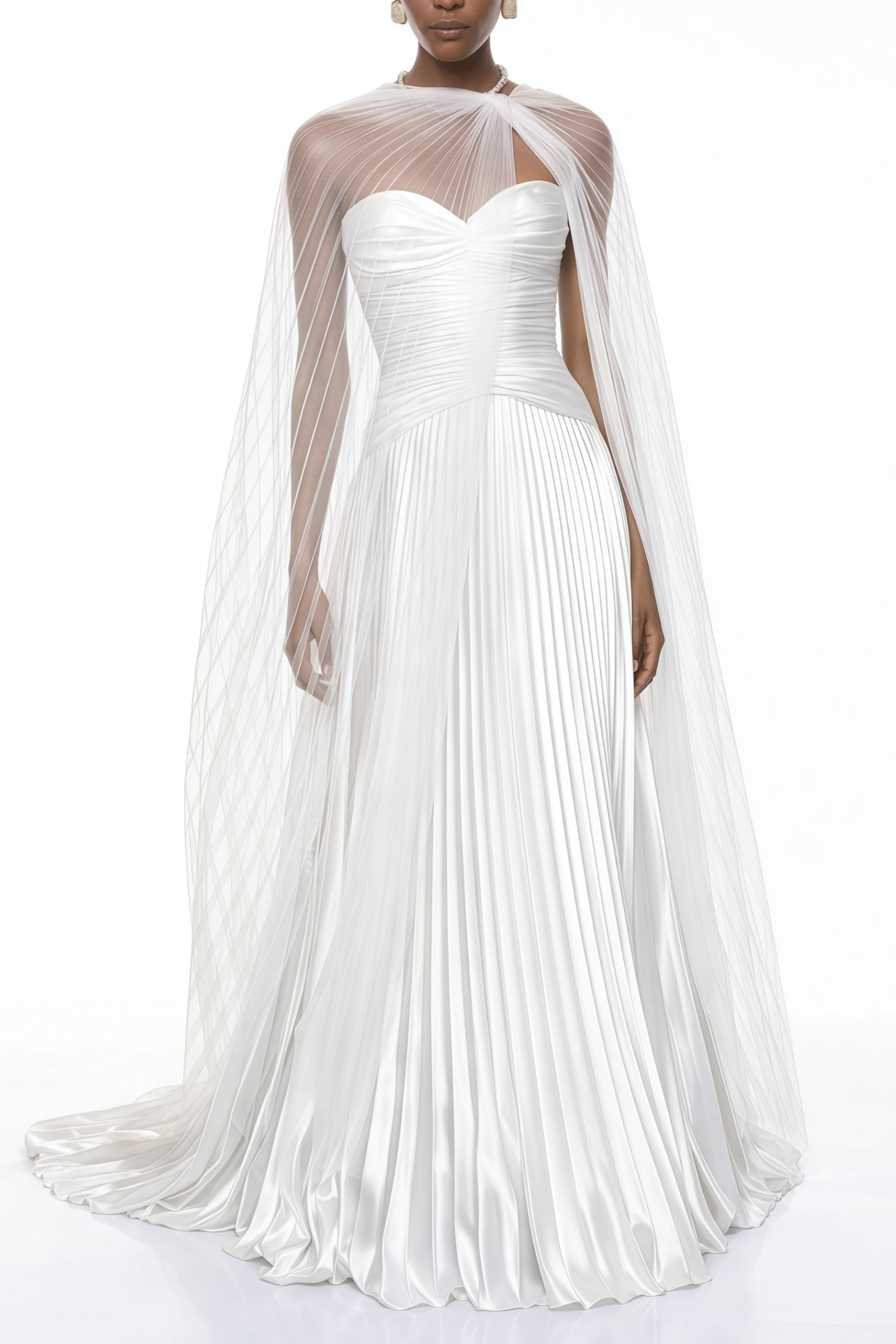 White Pleated Glossy Maxi Dress & Cape