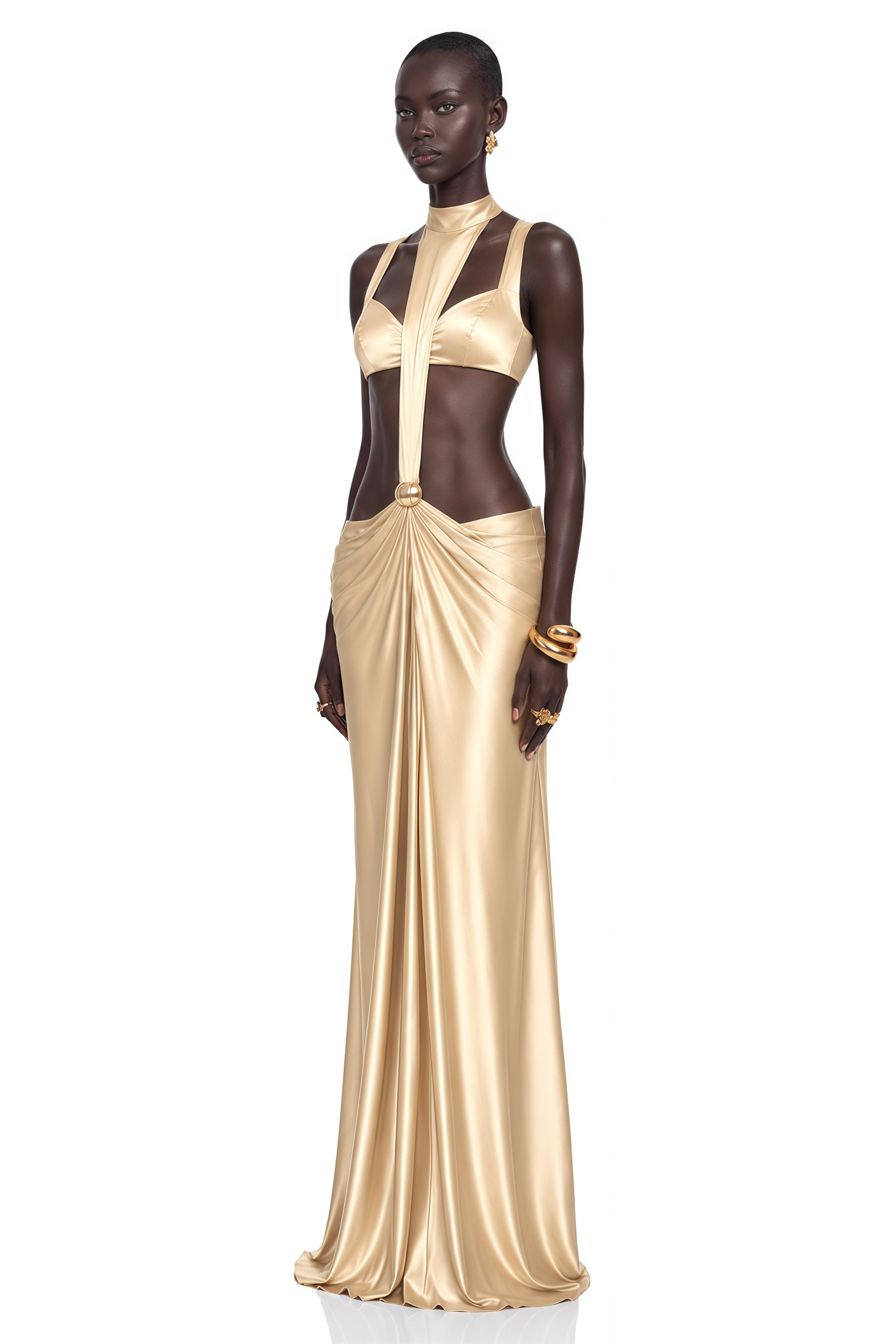 Paloma Gold Cut-Out Halterneck Satin Maxi Dress