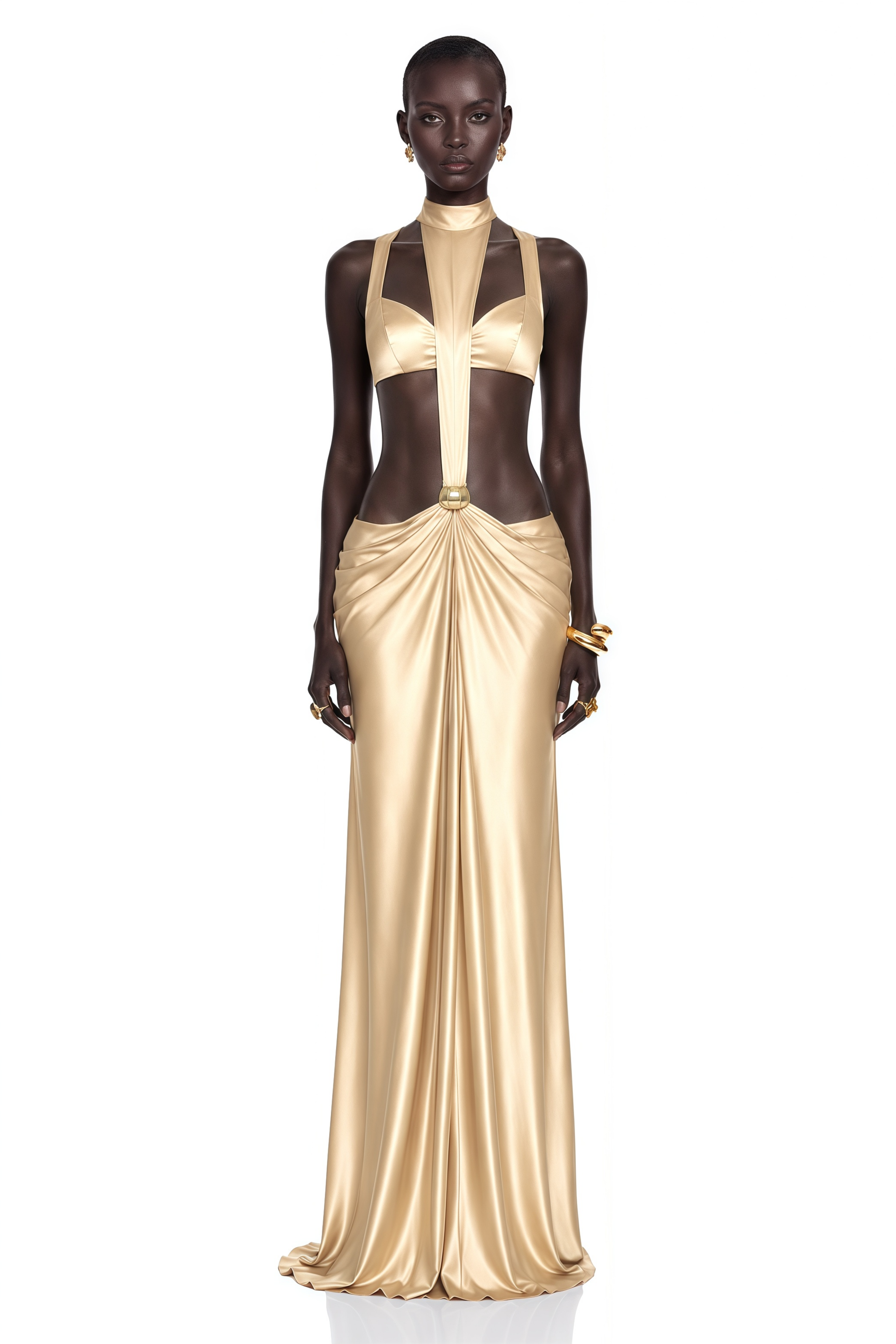 Paloma Gold Cut-Out Halterneck Satin Maxi Dress