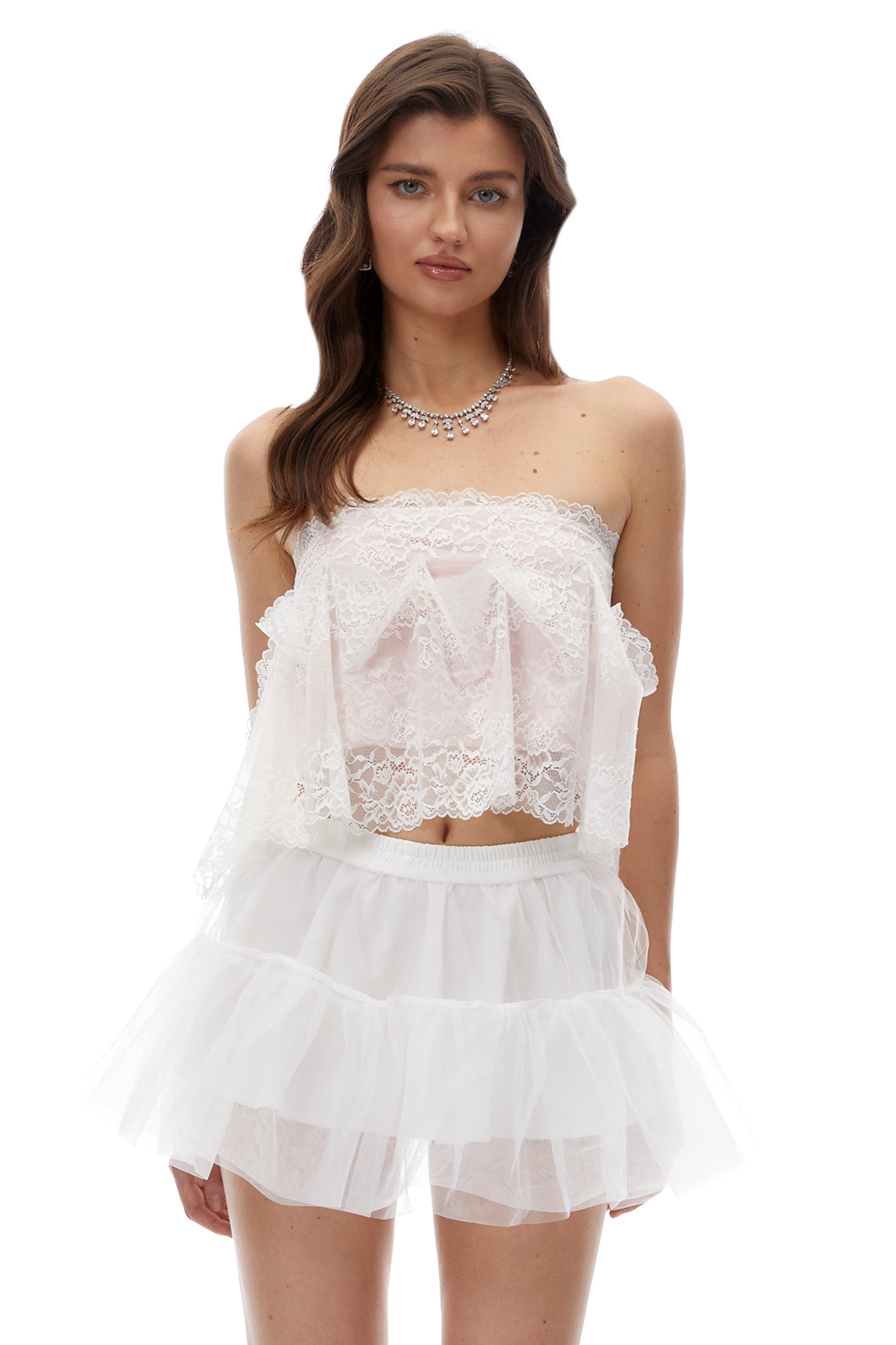 Paloma Pink Lace Ruffled Strapless Crop Top
