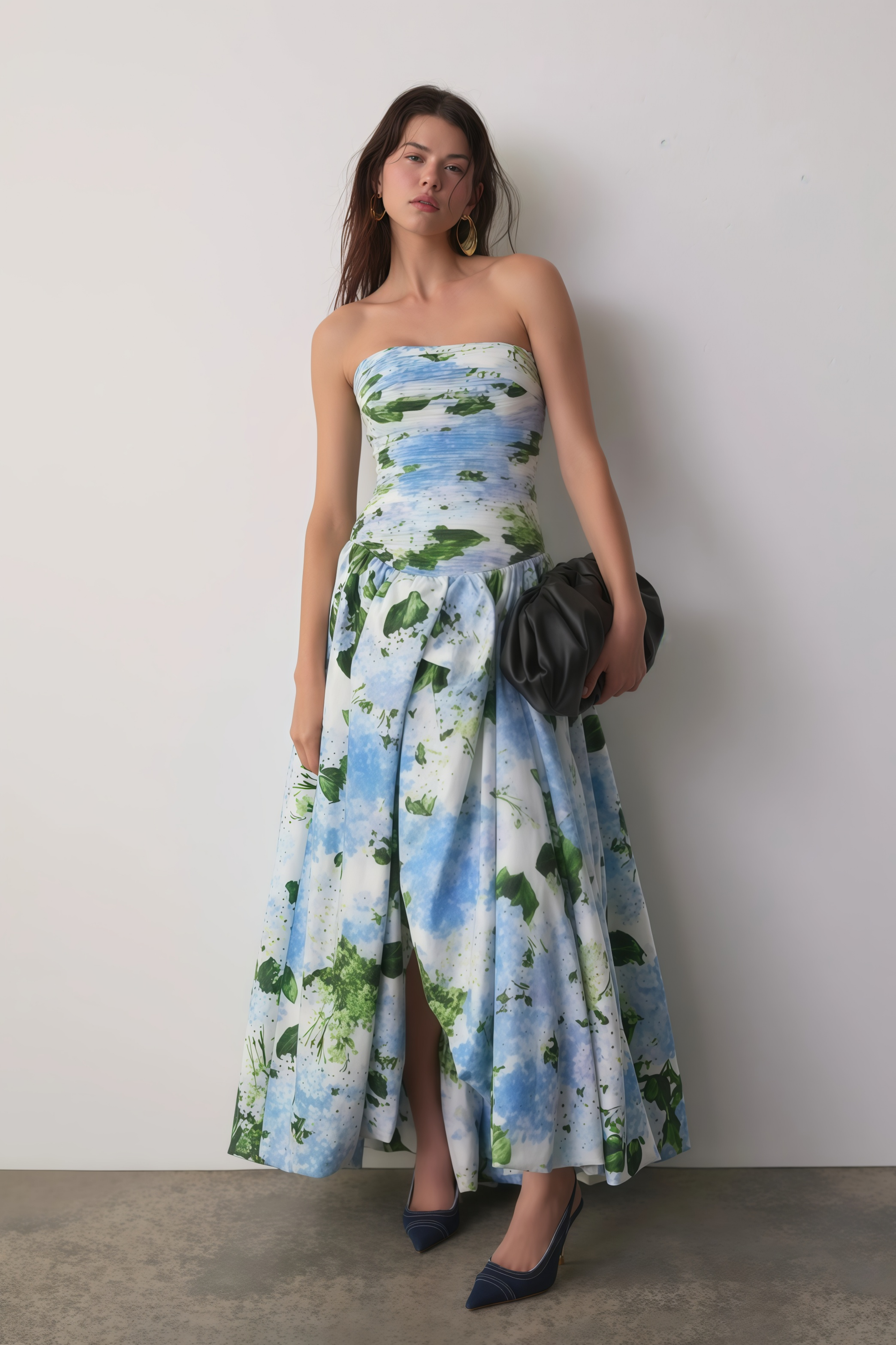 Blue Floral Print Pleated Maxi Dress