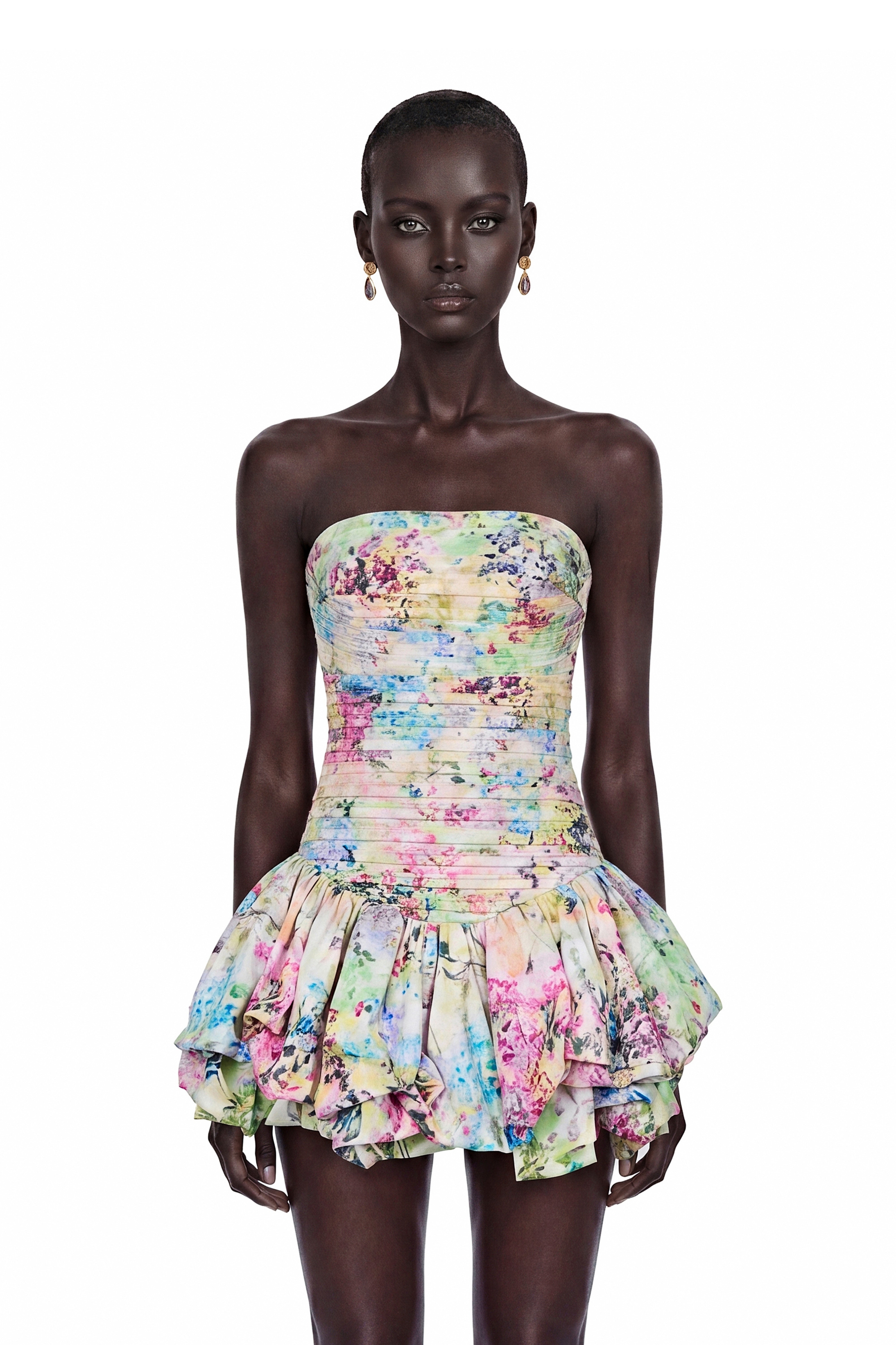 Parastoo Multicolor Floral Print Puffball Mini Dress