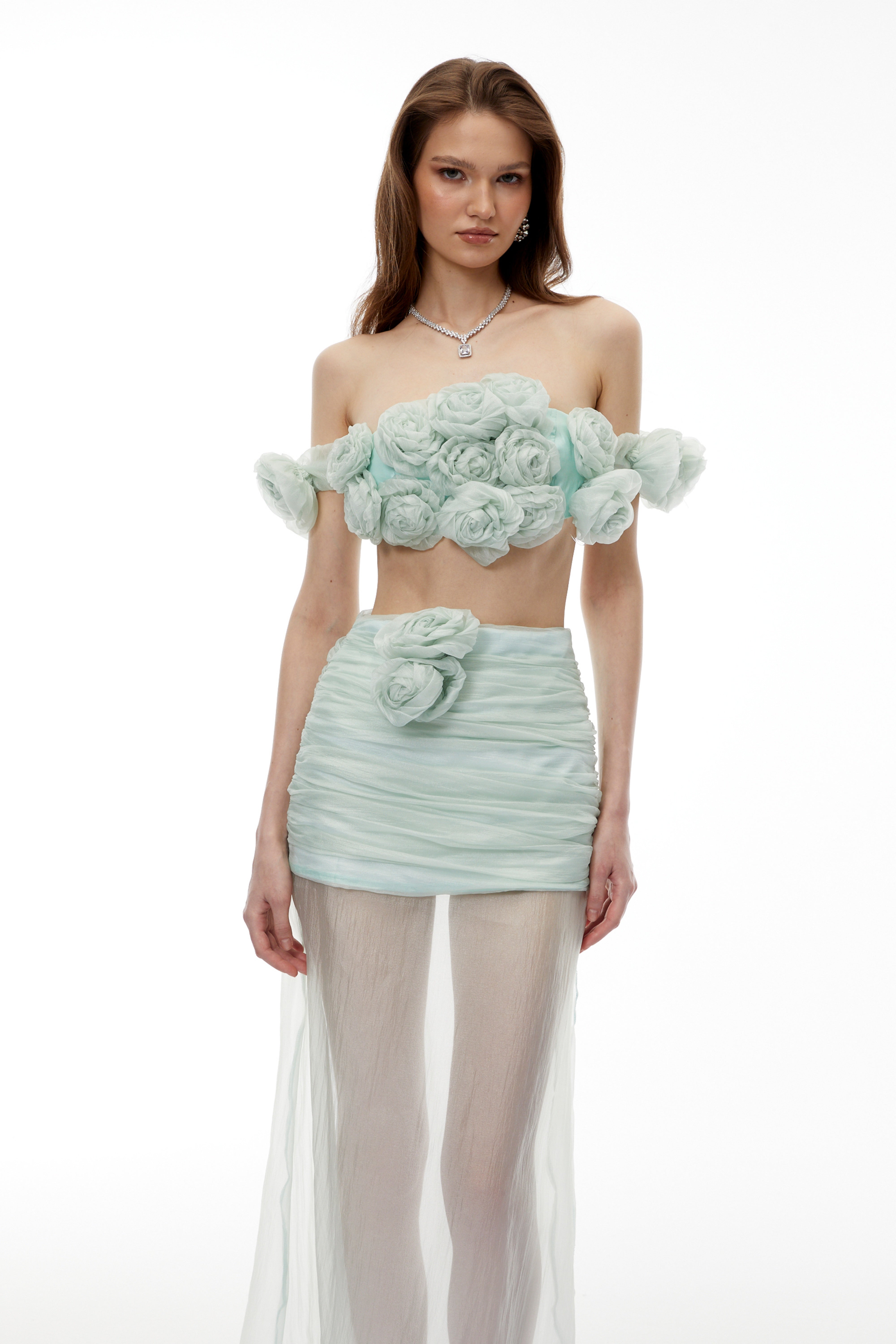 Penelope Green Tulle Top & Skirt Set with 3D Florals (Final Sale)