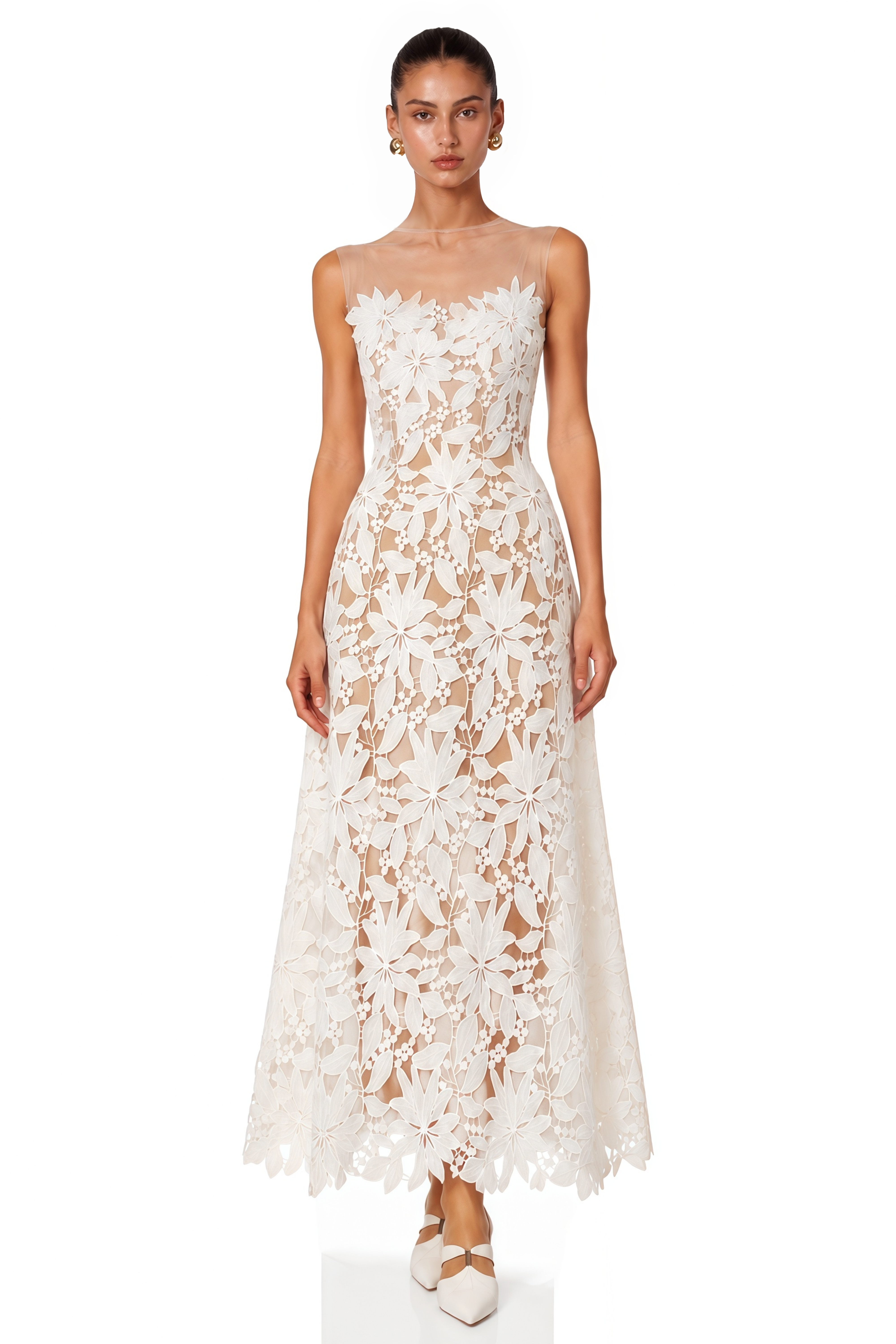 Robe longue à épaules dénudées Penelope White avec motifs floraux en 3D