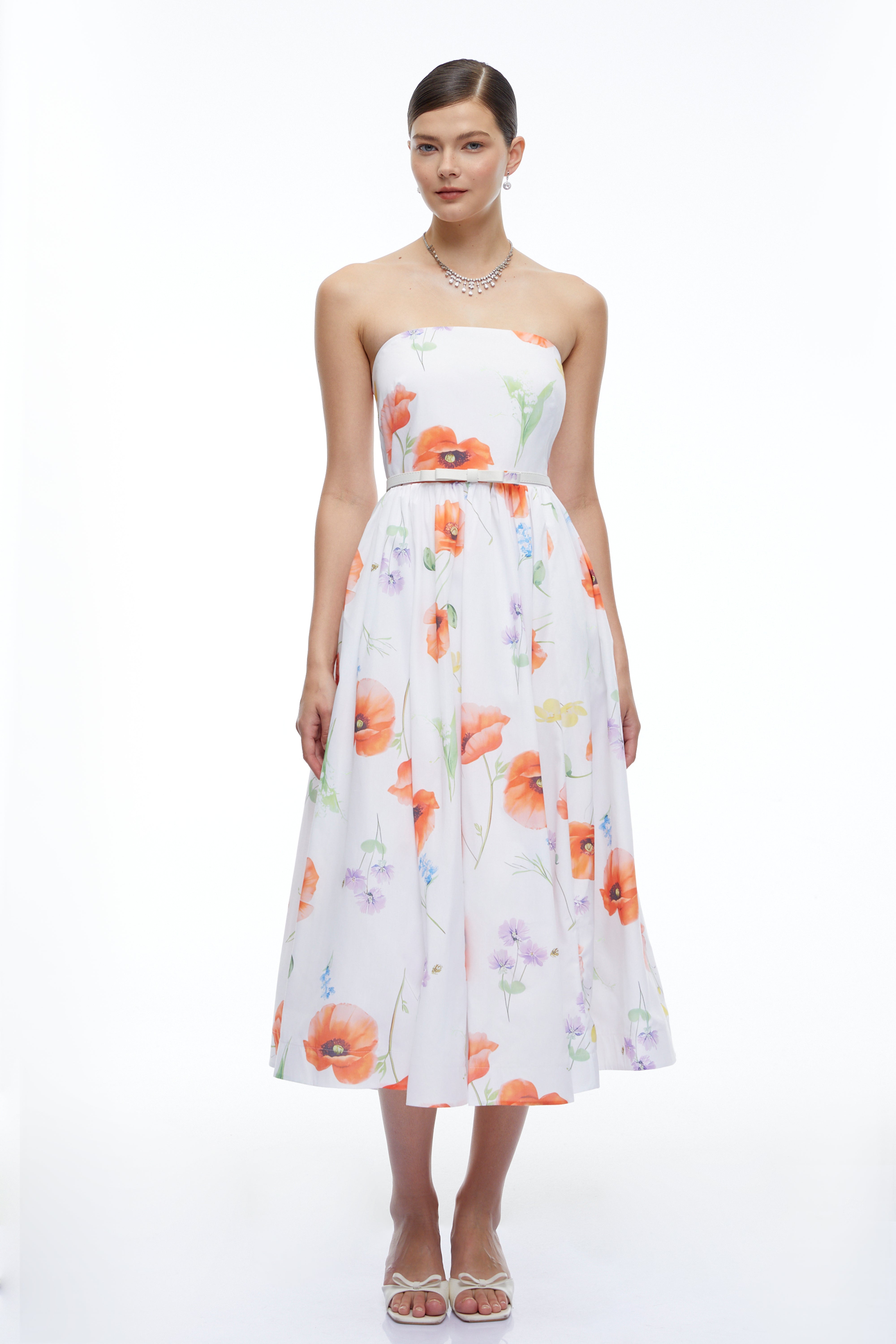 Petronilla White Floral Strapless Midi Dress