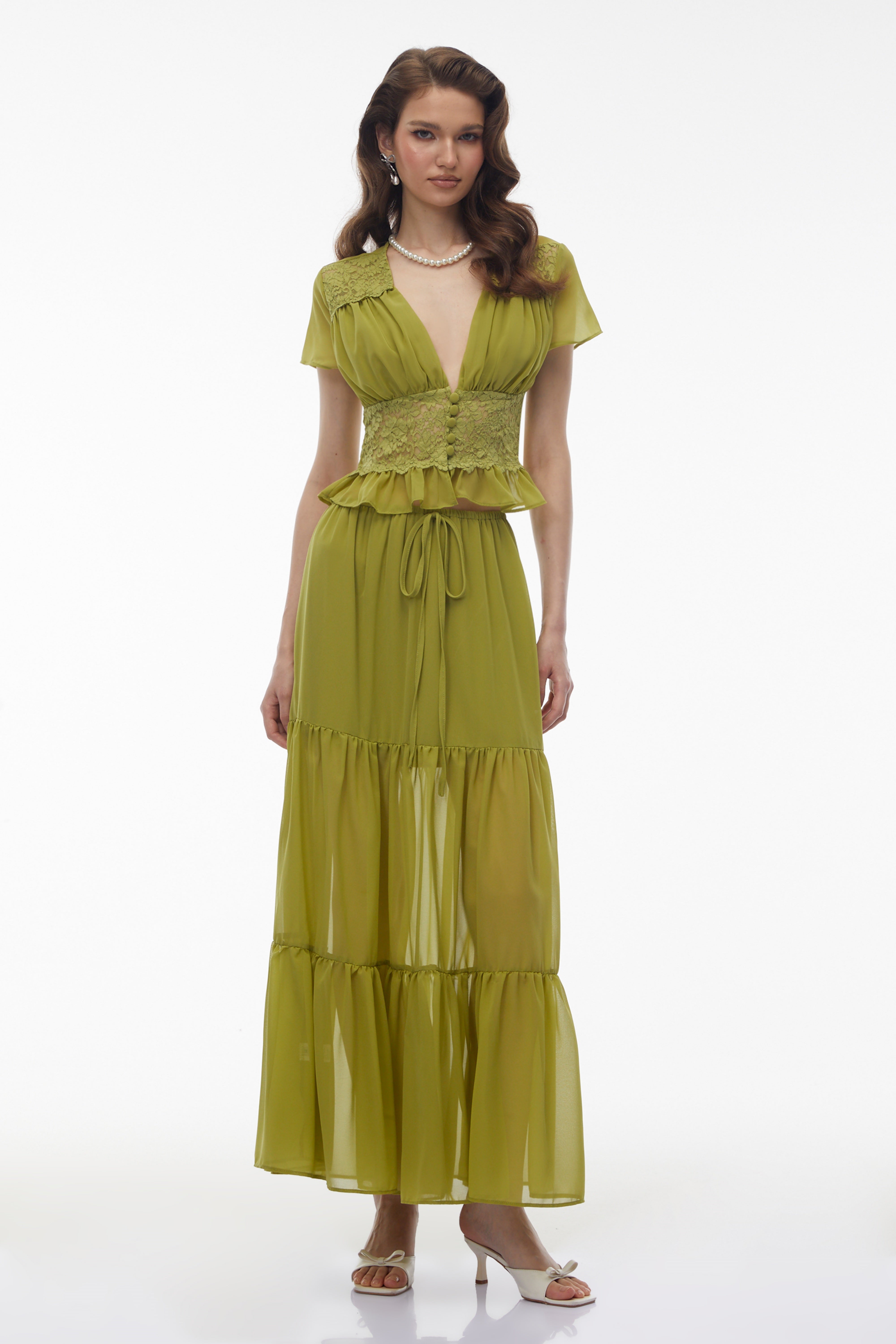 Green Floral Lace Chiffon Top & Skirt Set