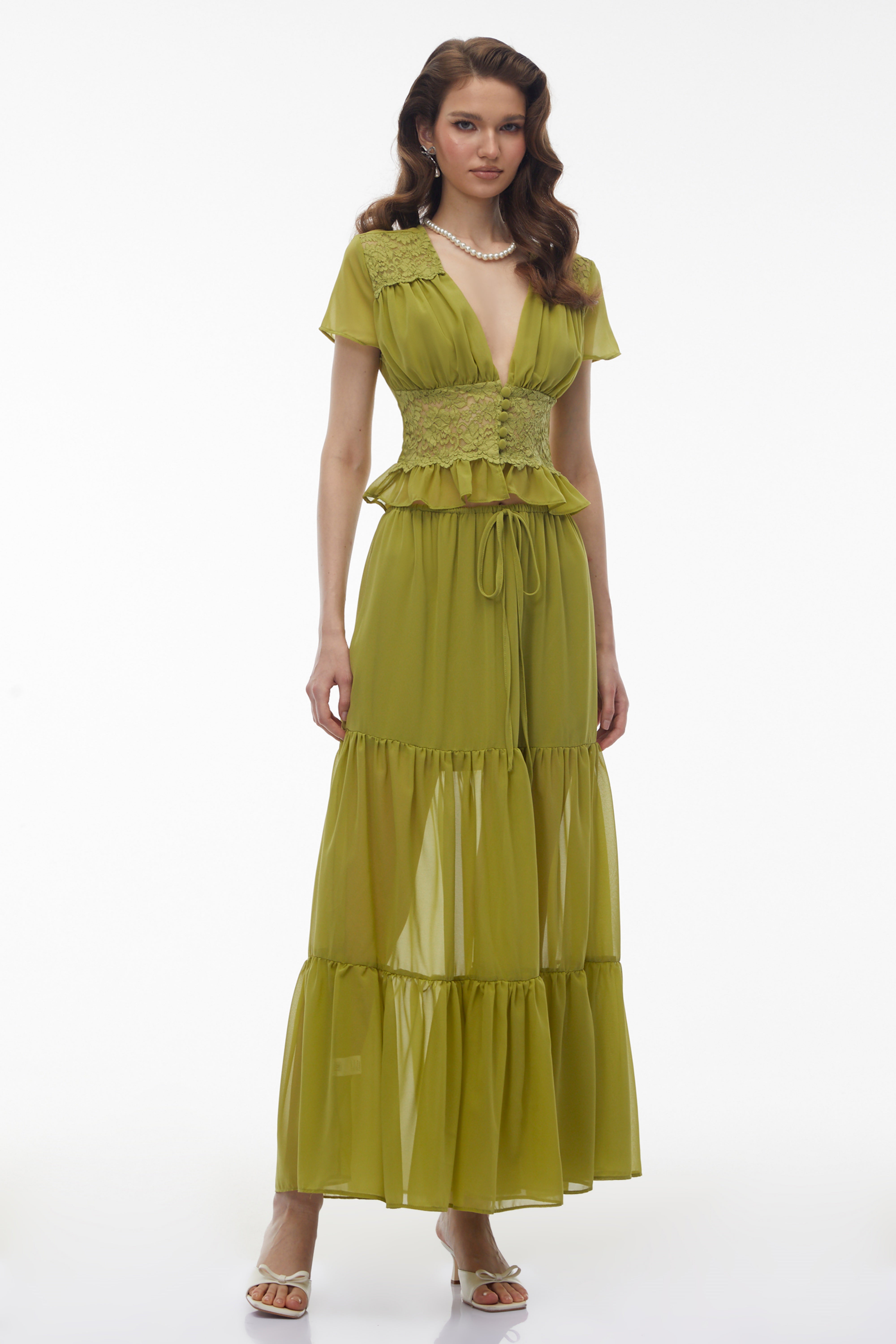 Green Floral Lace Chiffon Top & Skirt Set