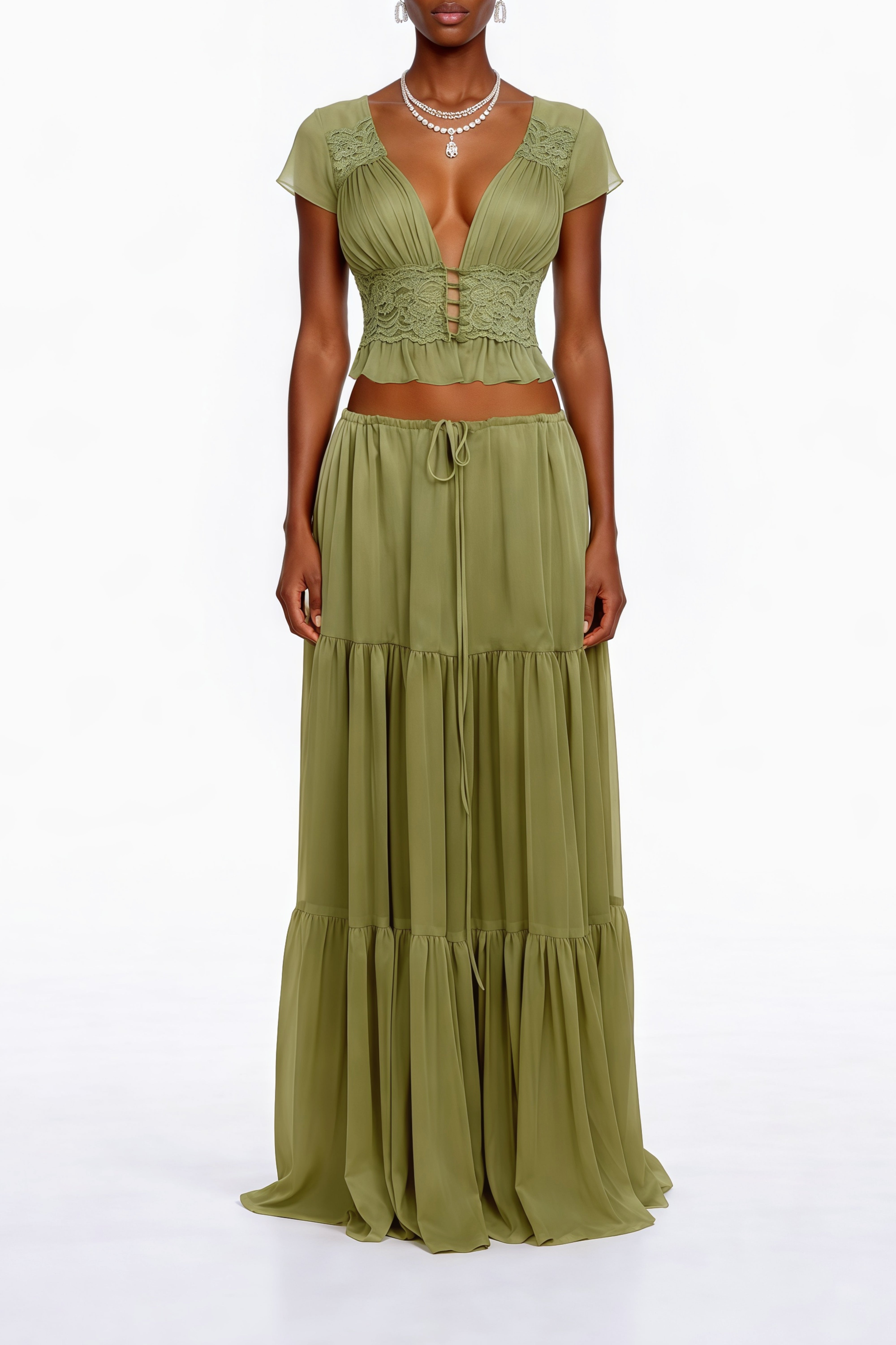 Olive green two-piece set featuring a lace-trimmed cap-sleeve crop top and a tiered maxi skirt