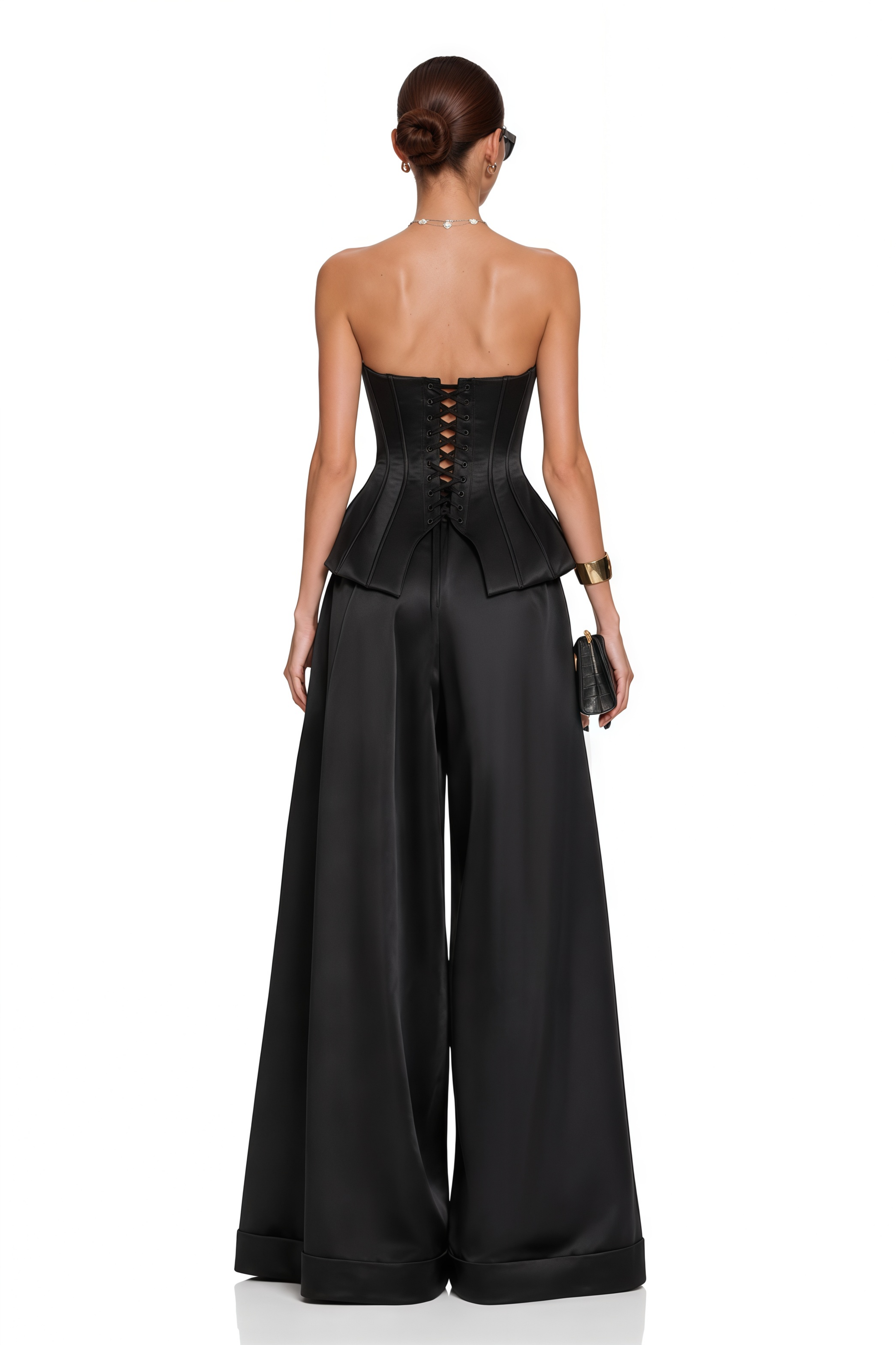 Portia Black Button Corset Top & Wide Leg Trousers Set