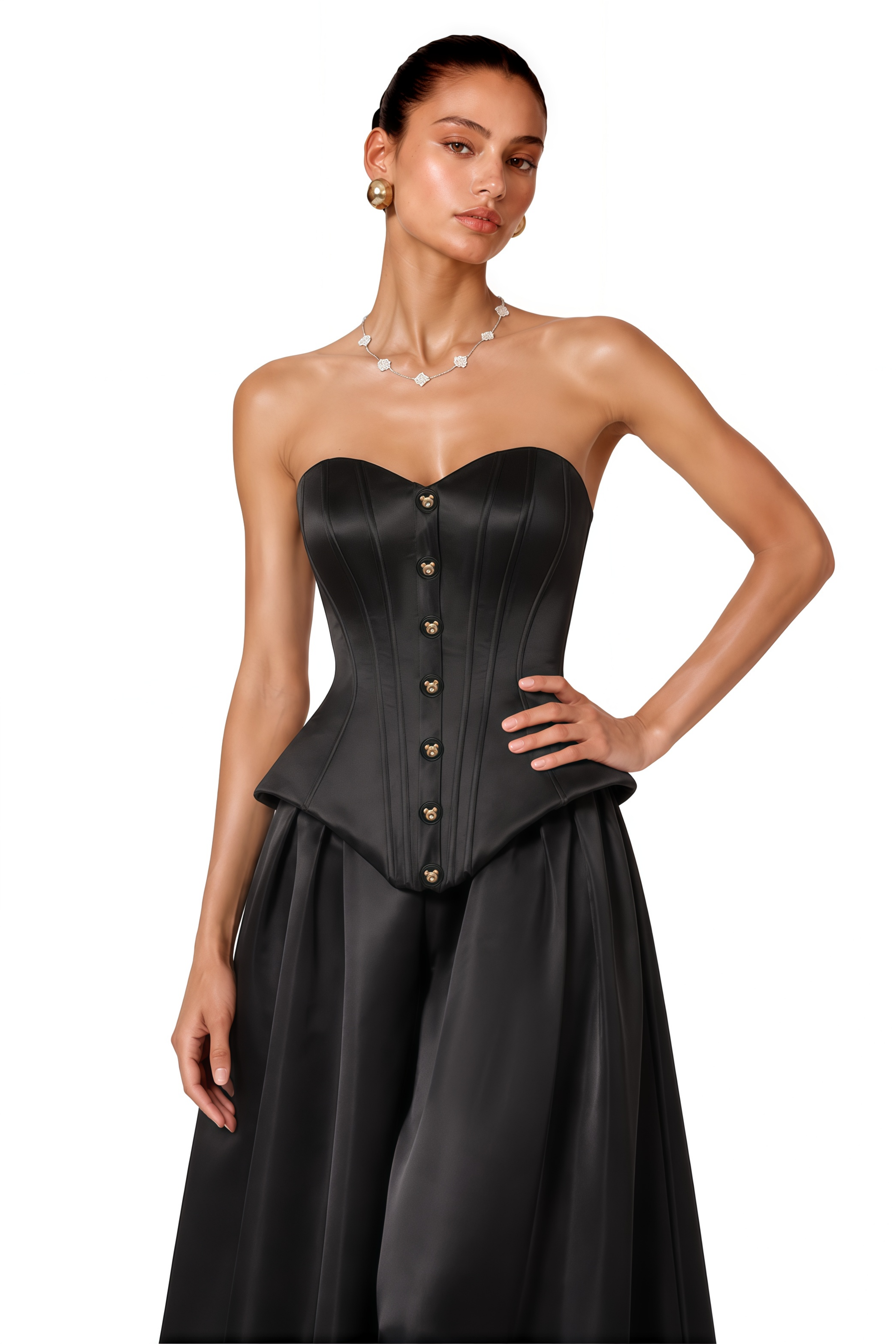 Portia Black Button Corset Top & Wide Leg Trousers Set
