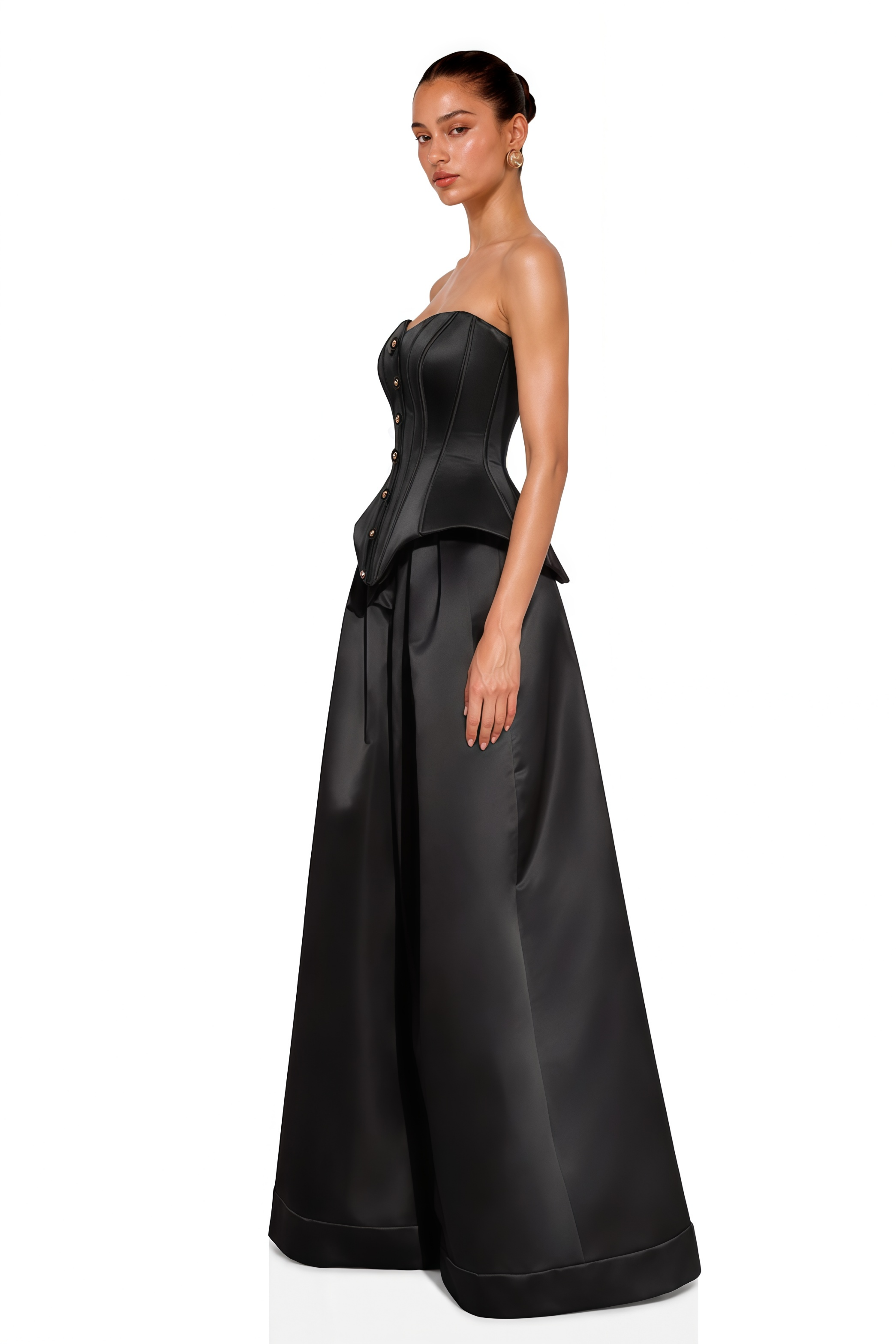 Portia Black Button Corset Top & Wide Leg Trousers Set