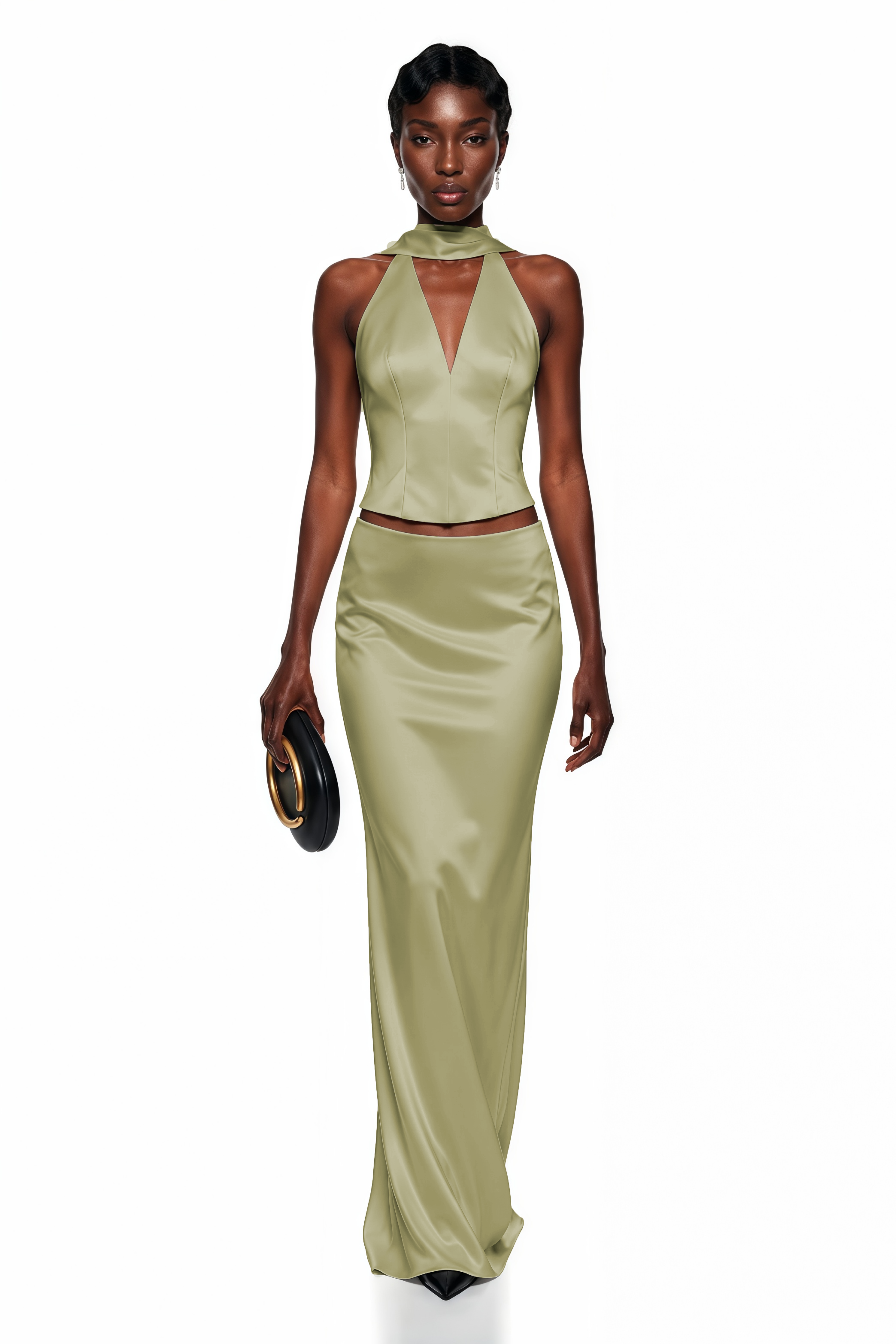 Querubina Green Plunge Neck Satin Top & Skirt Set