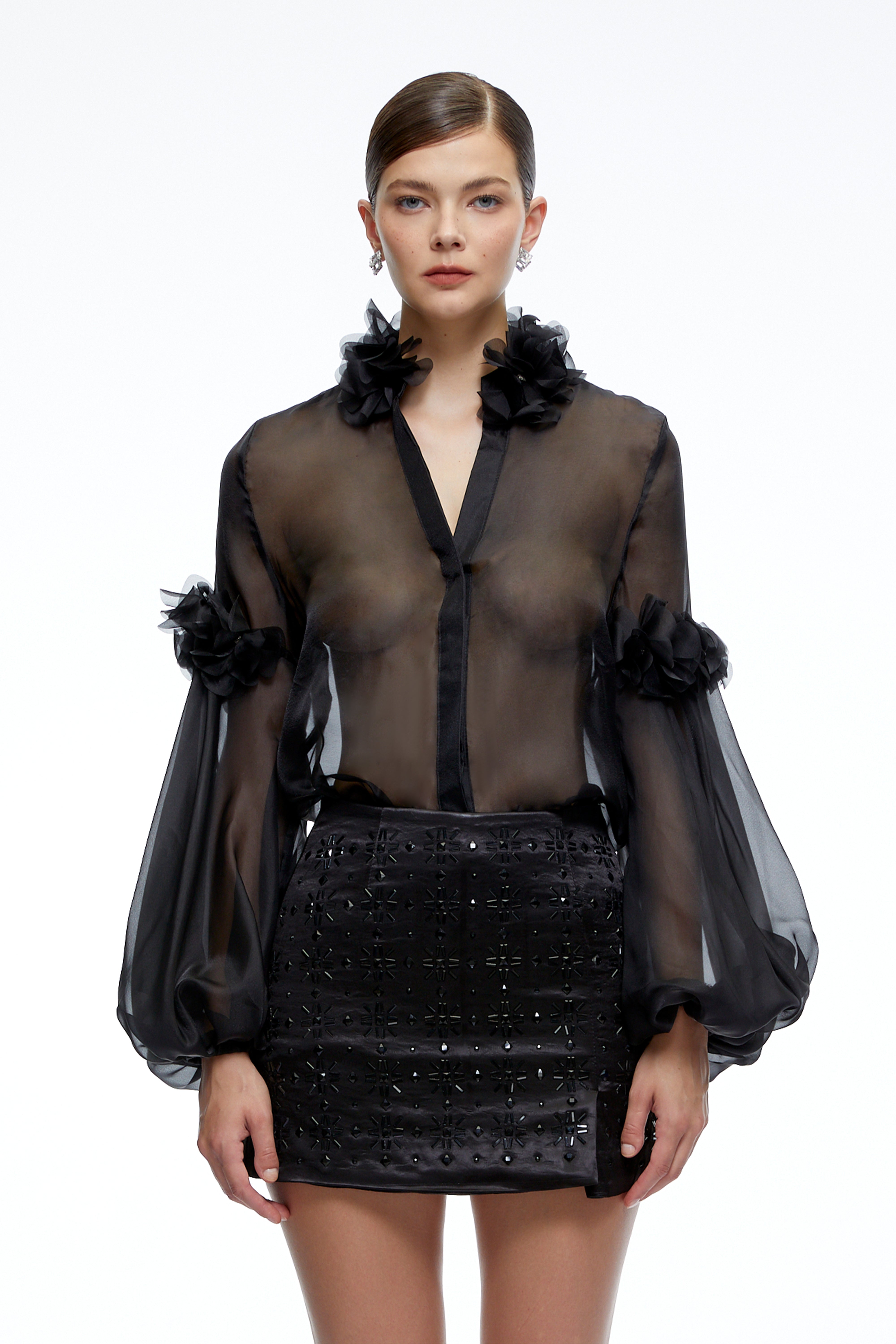 Quinn Black Sheer V-Neck Blouse with Floral Applique