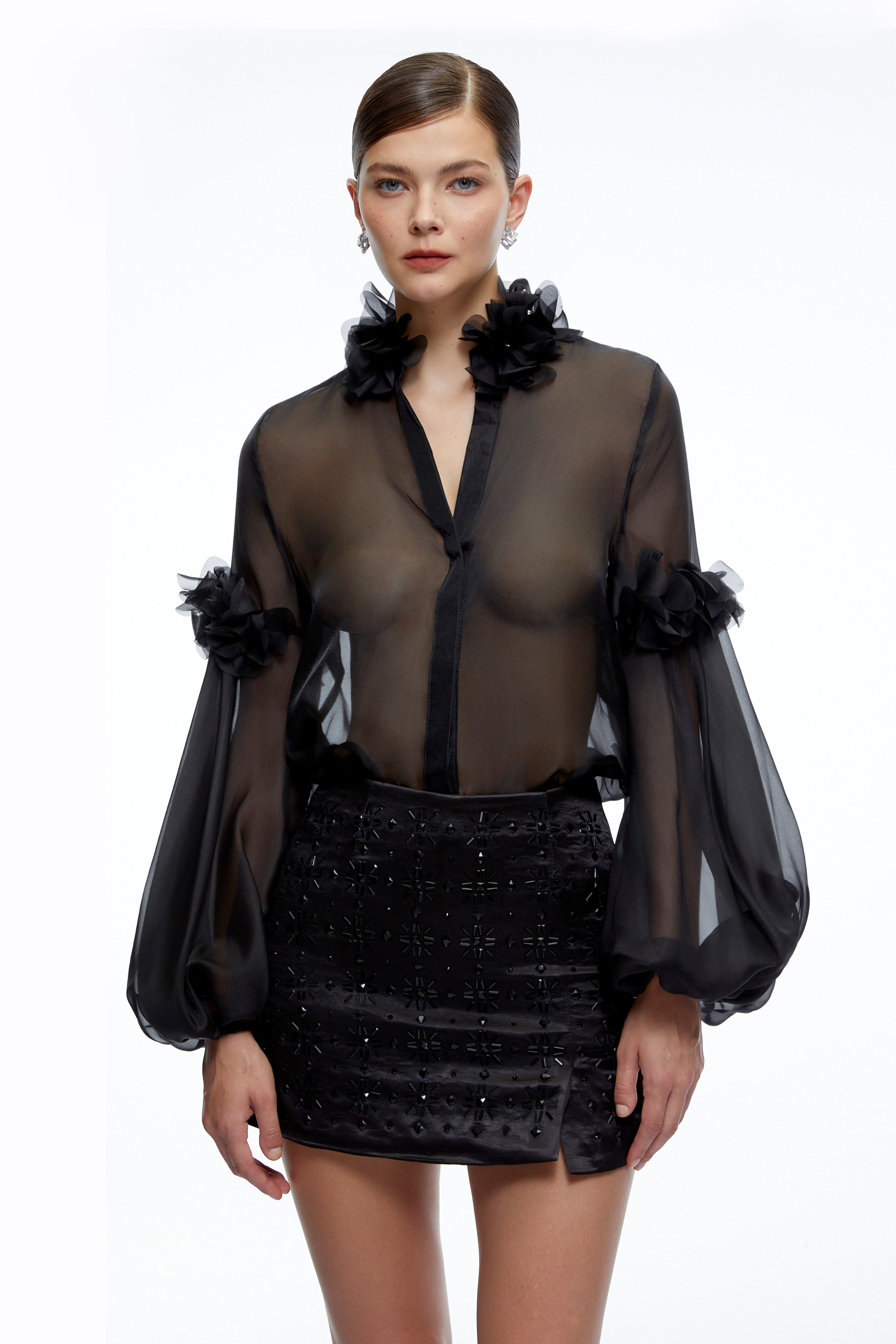 Quinn Black Sheer V-Neck Blouse with Floral Applique