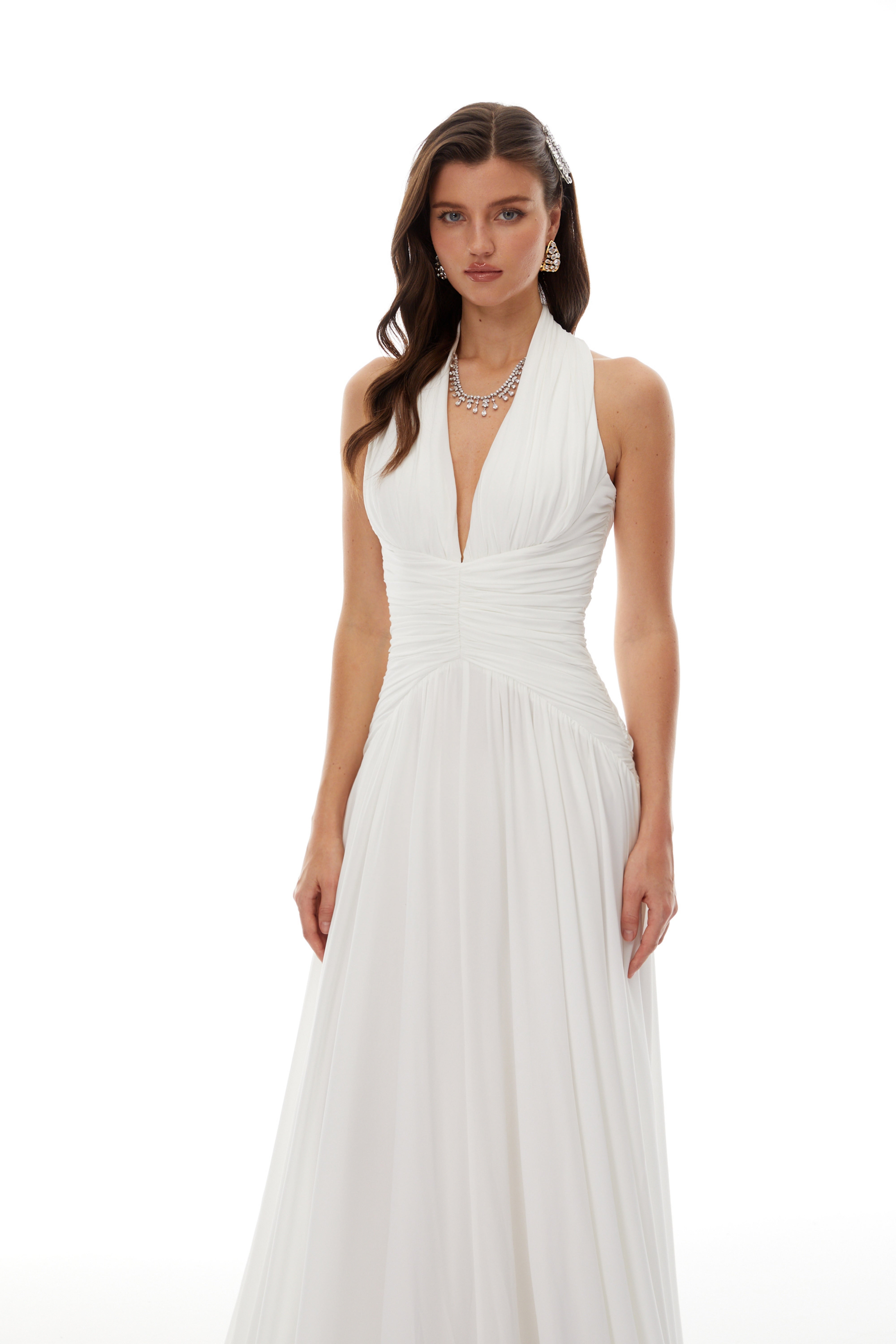 Ramona White Feather Hem Gathered Maxi Dress (Final Sale)