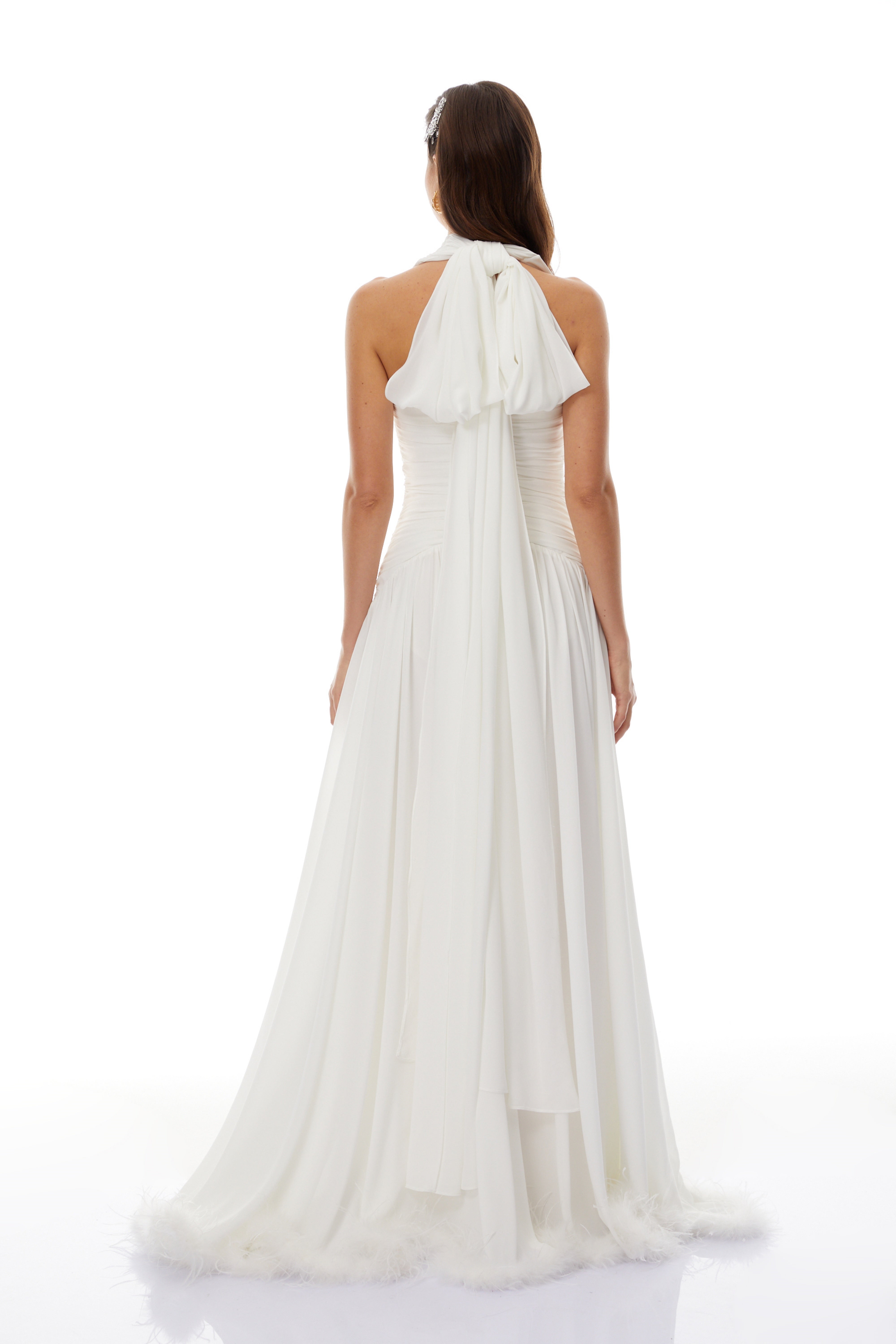 Ramona White Feather Hem Gathered Maxi Dress (Final Sale)