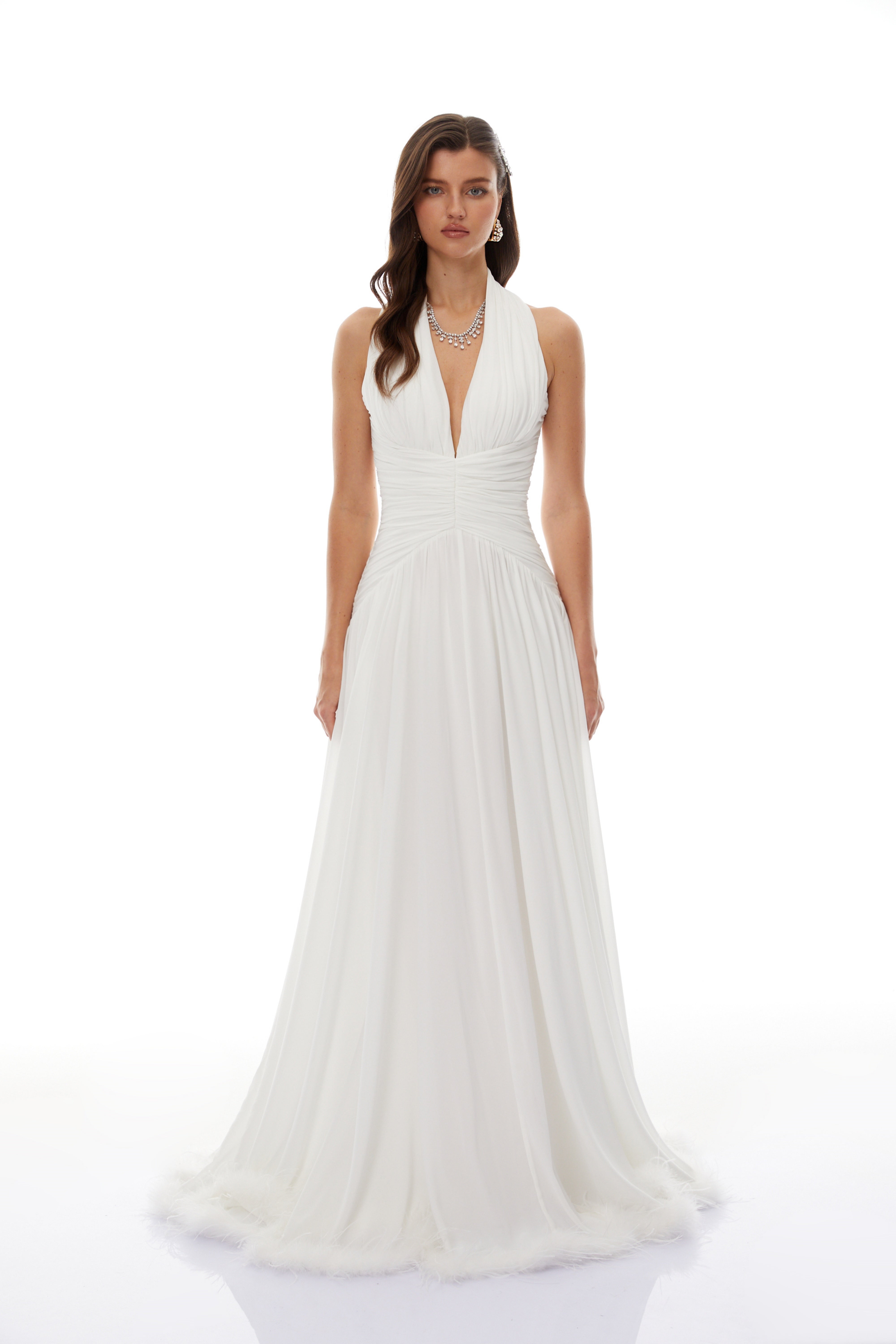 Ramona White Feather Hem Gathered Maxi Dress (Final Sale)