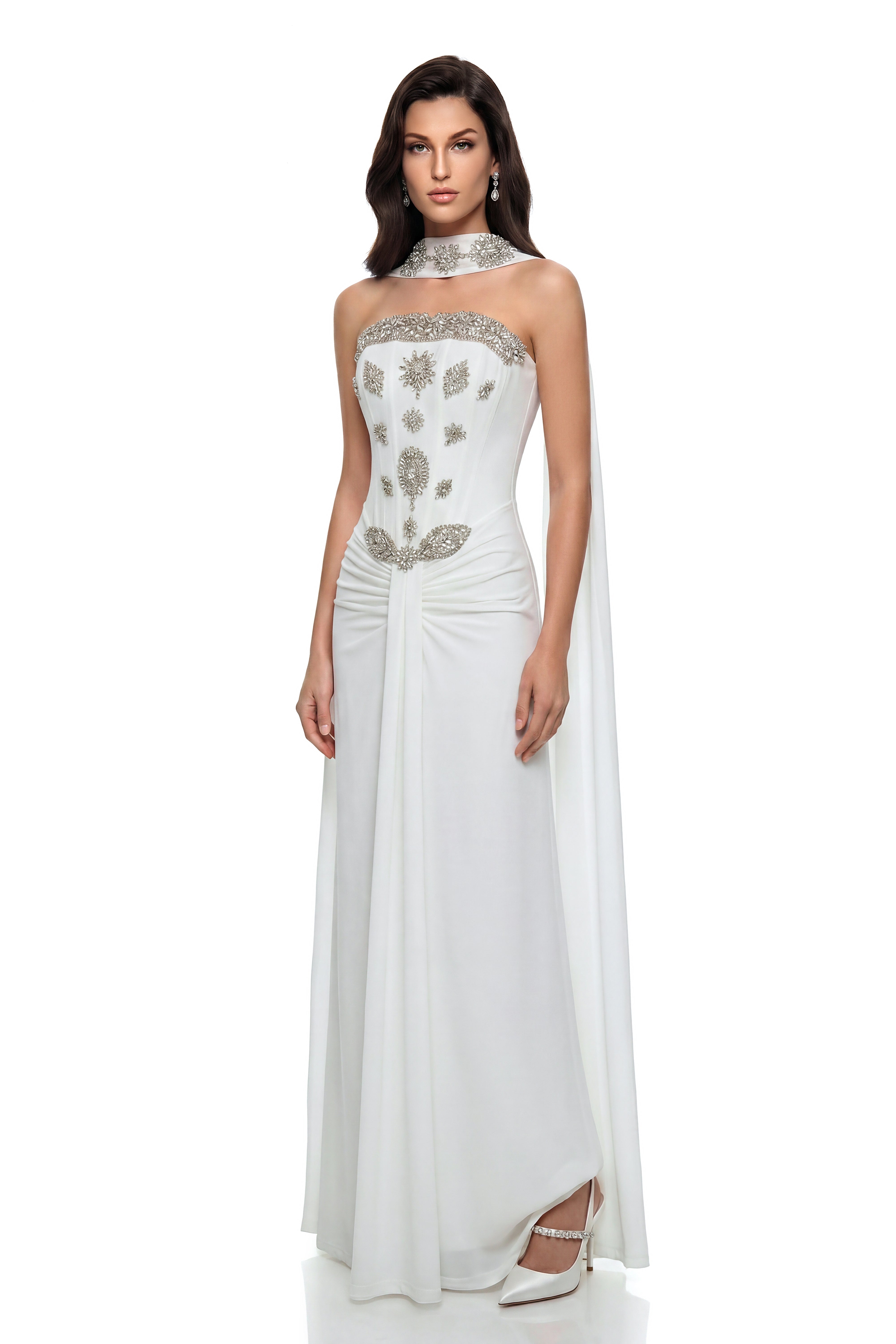Reina White Embellished Maxi Dress with Ribbon