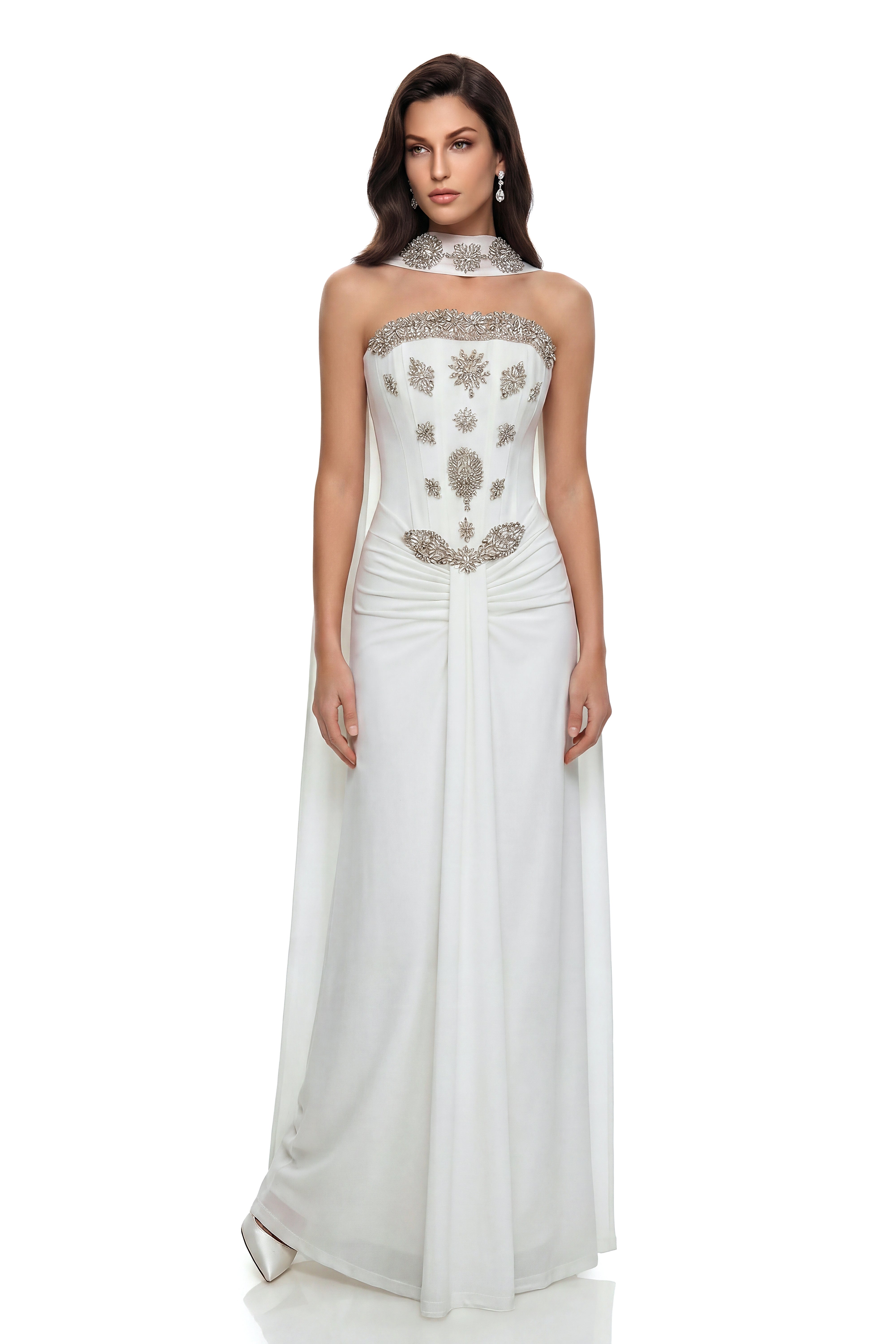 Reina White Embellished Maxi Dress with Ribbon