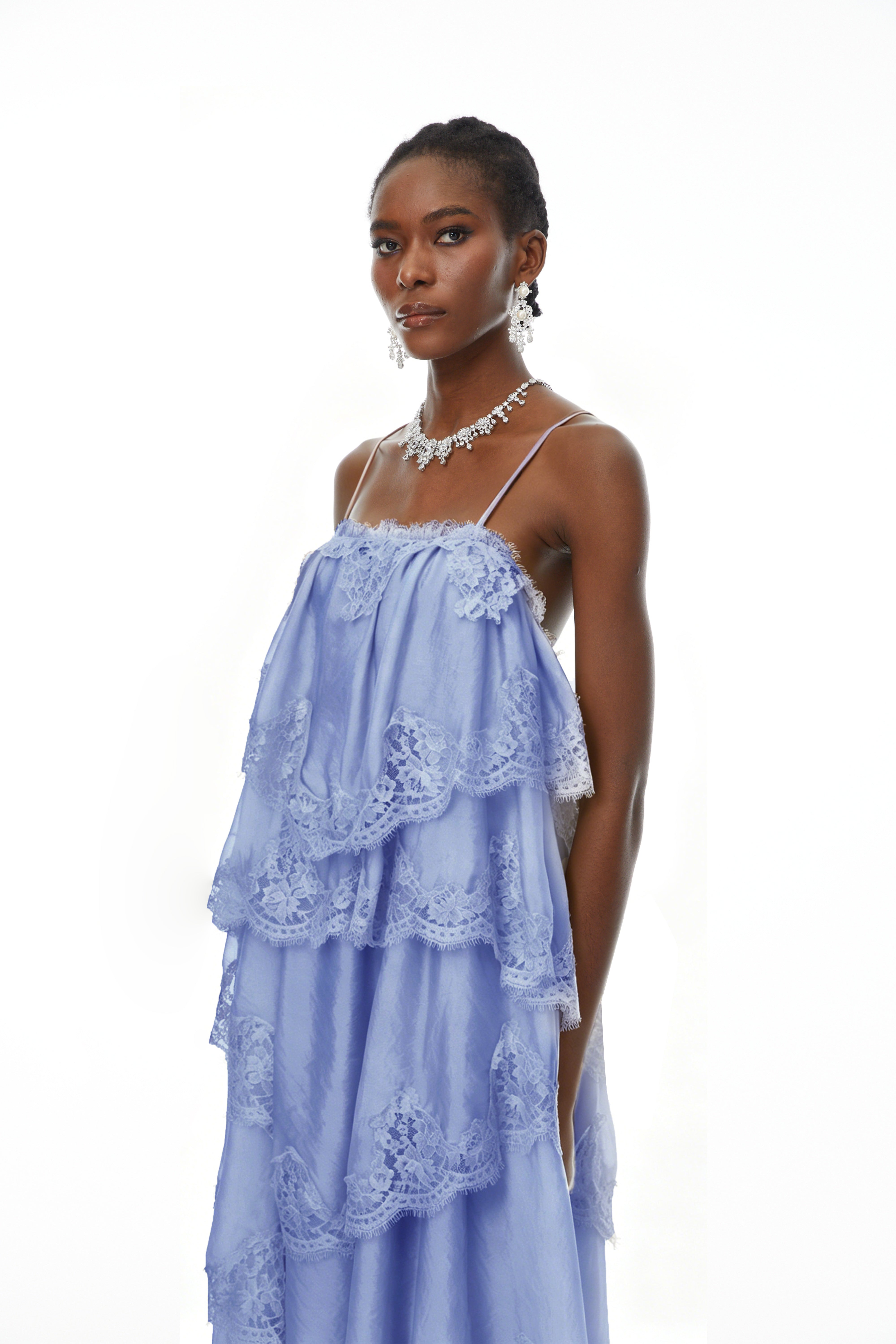 Rhema Blue Tiered Maxi Dress with Lace Trim (Final Sale-US Only)