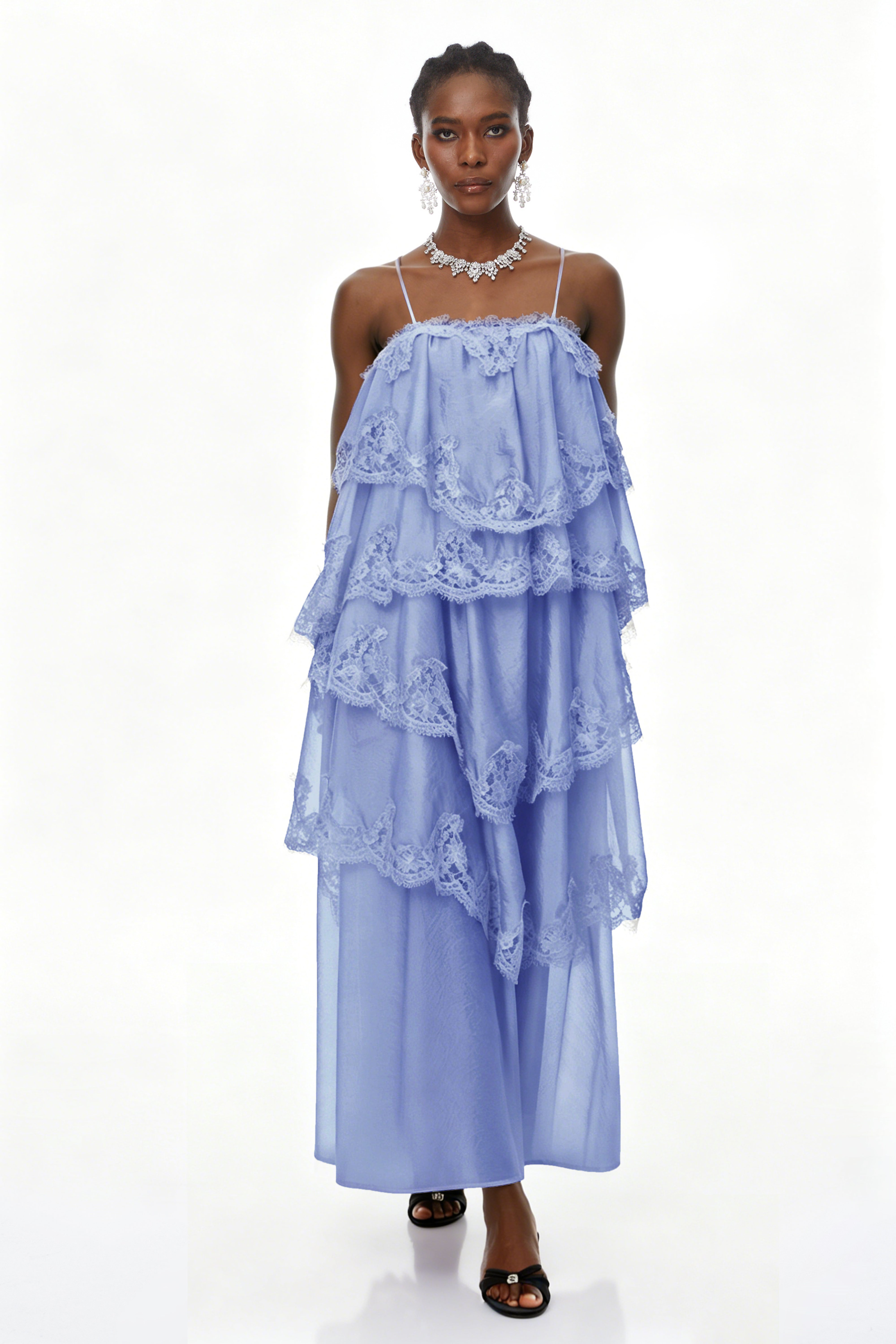 Rhema Blue Tiered Maxi Dress with Lace Trim (Final Sale-US Only)
