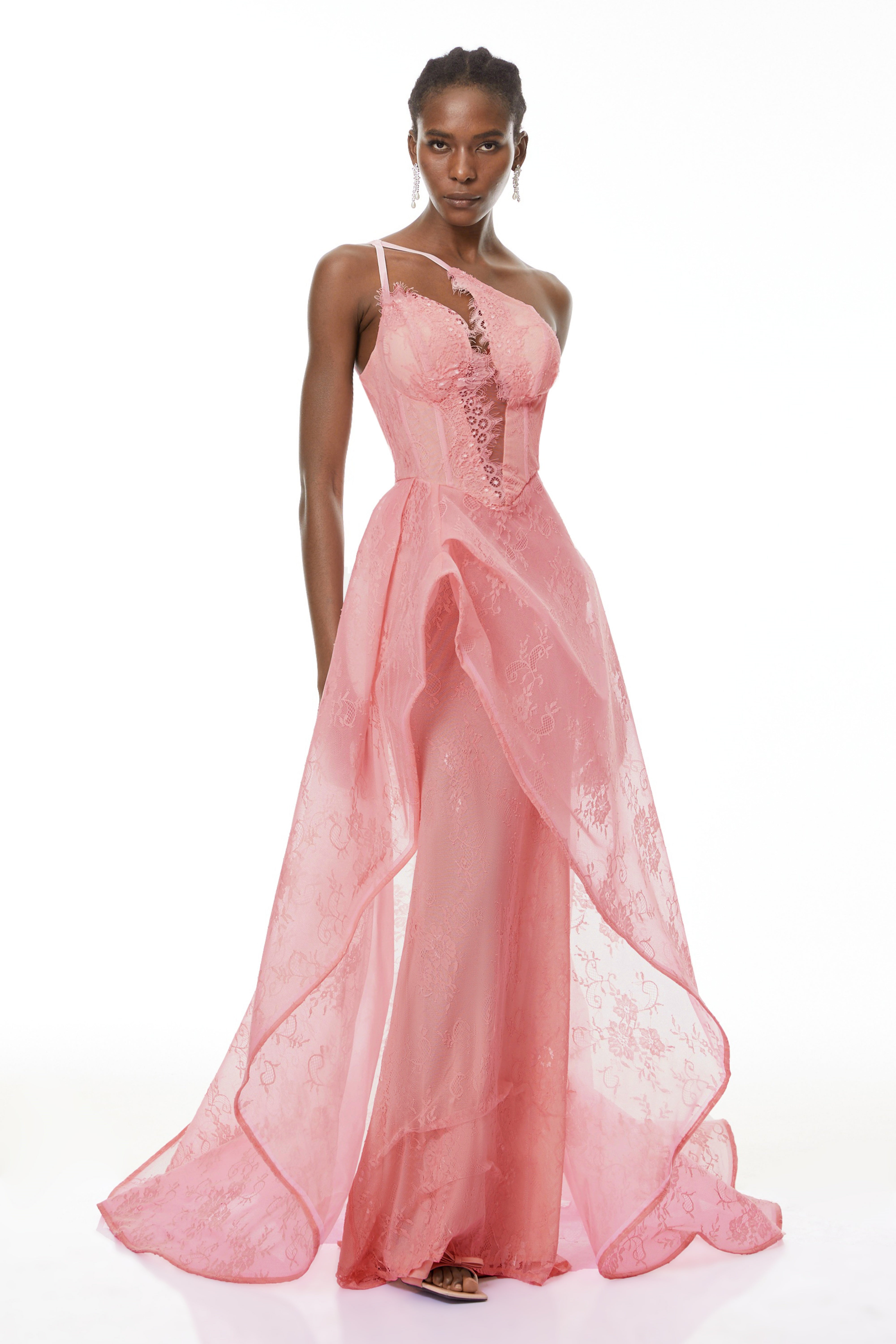 Pink lace asymmetrical corset gown with draped side overlay