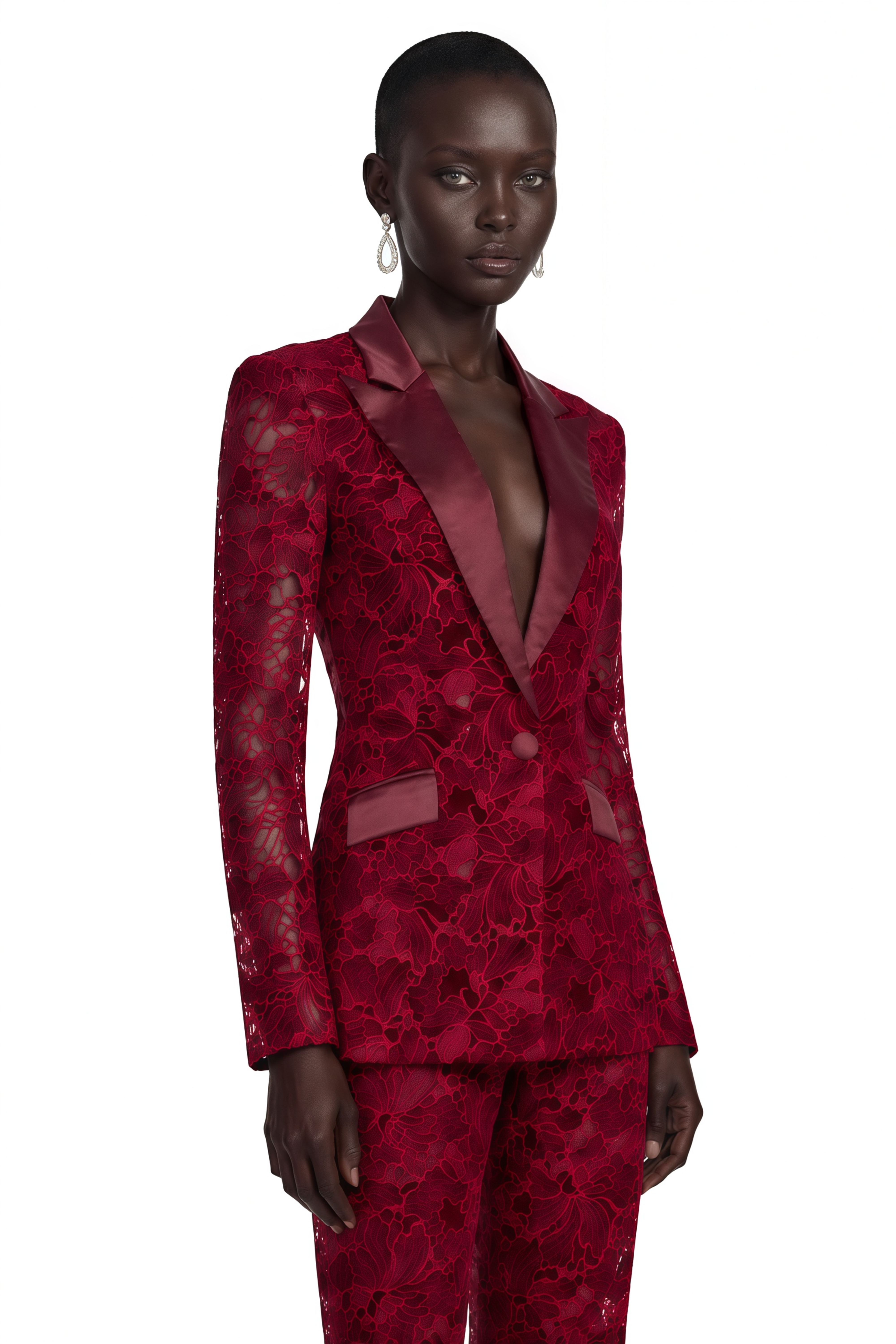 Ensemble blazer et pantalon en dentelle florale transparente « Romilda Burgundy »