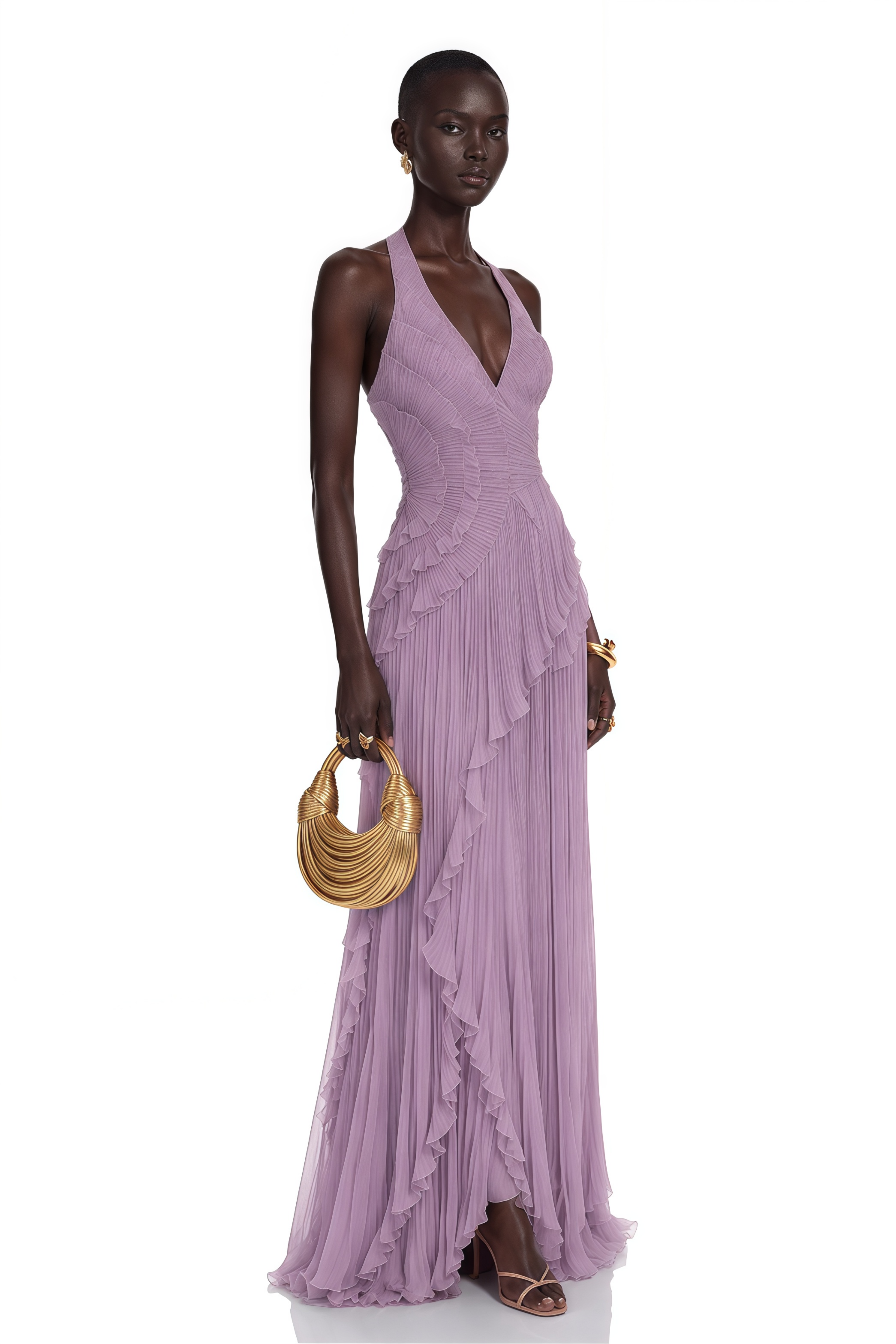 Romilda Purple Pleated Halterneck Maxi Dress with Ruffles
