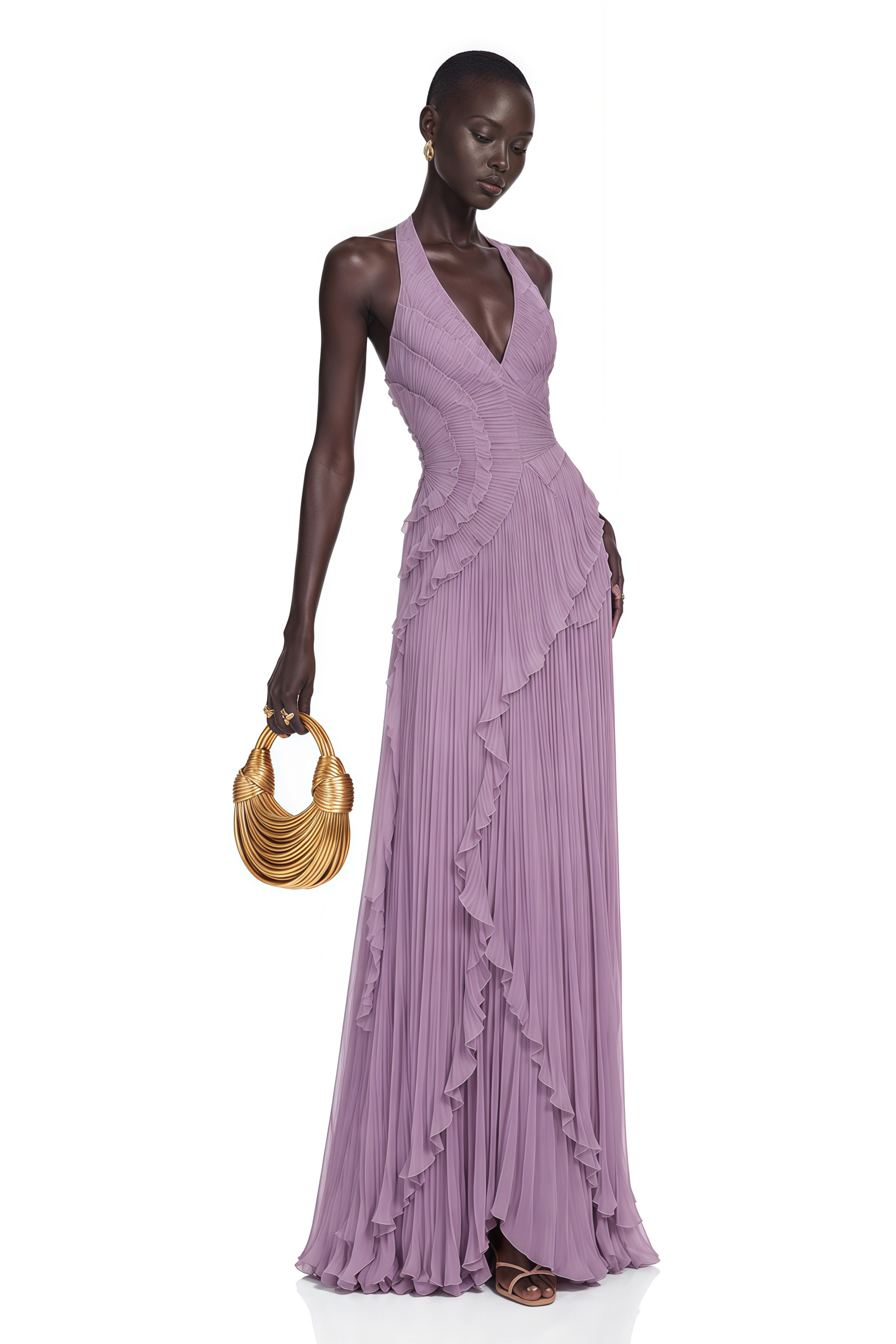 Romilda Purple Pleated Halterneck Maxi Dress with Ruffles