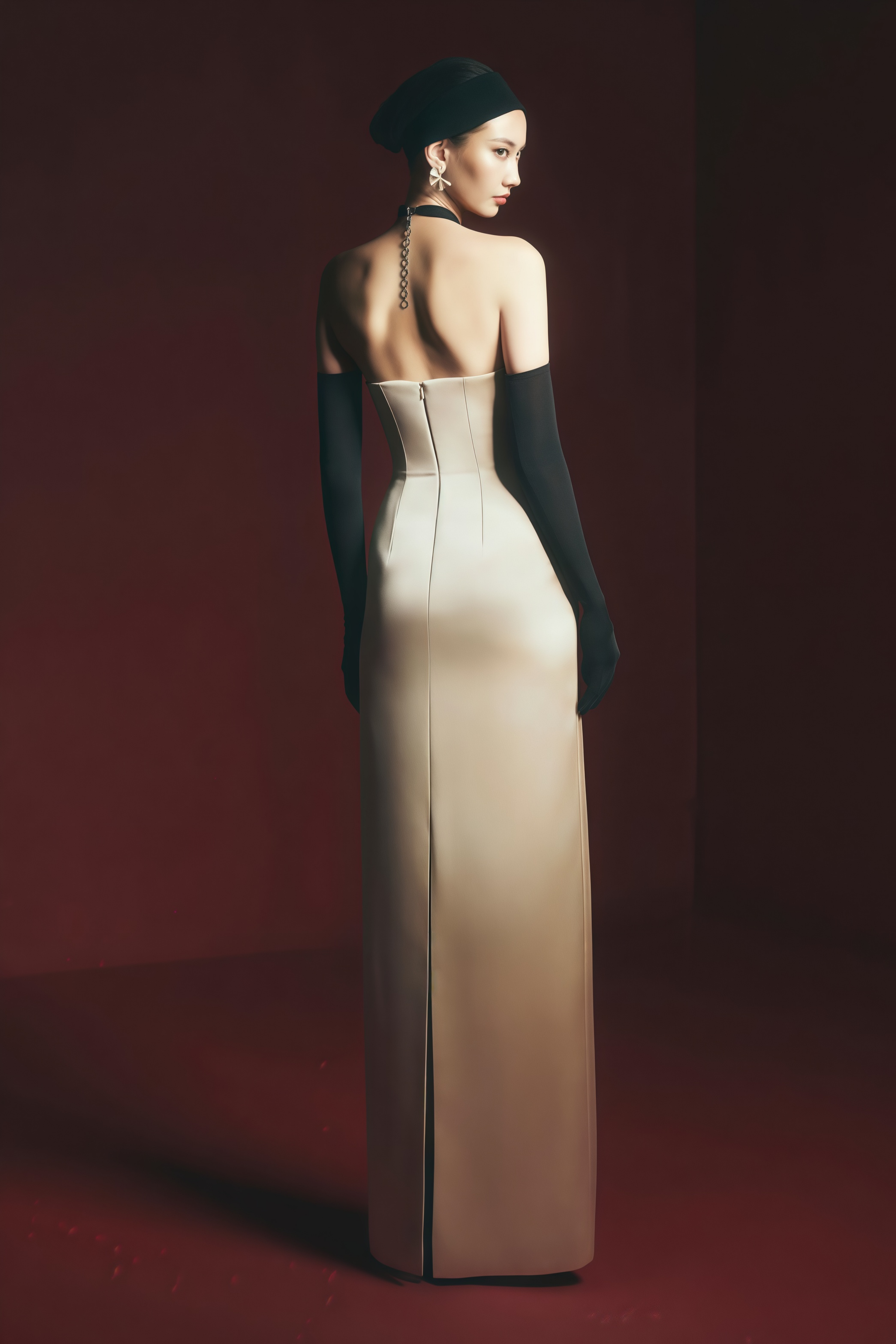 Ronit Champagne Satin Maxi Dress with Tulle Panels (Without Gloves)
