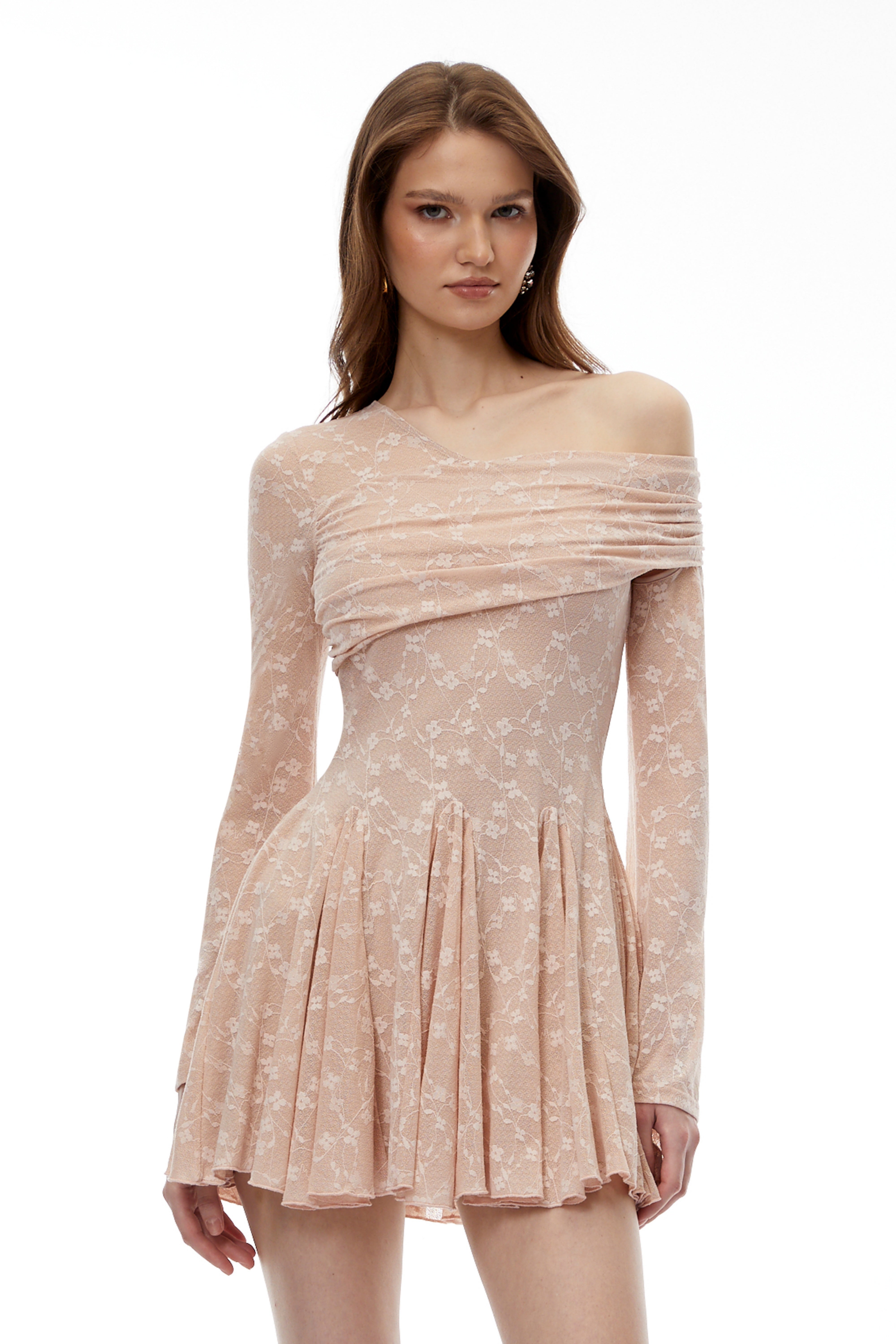Rosalie Neutral One Shoulder Pleated Mini Dress (Final Sale)