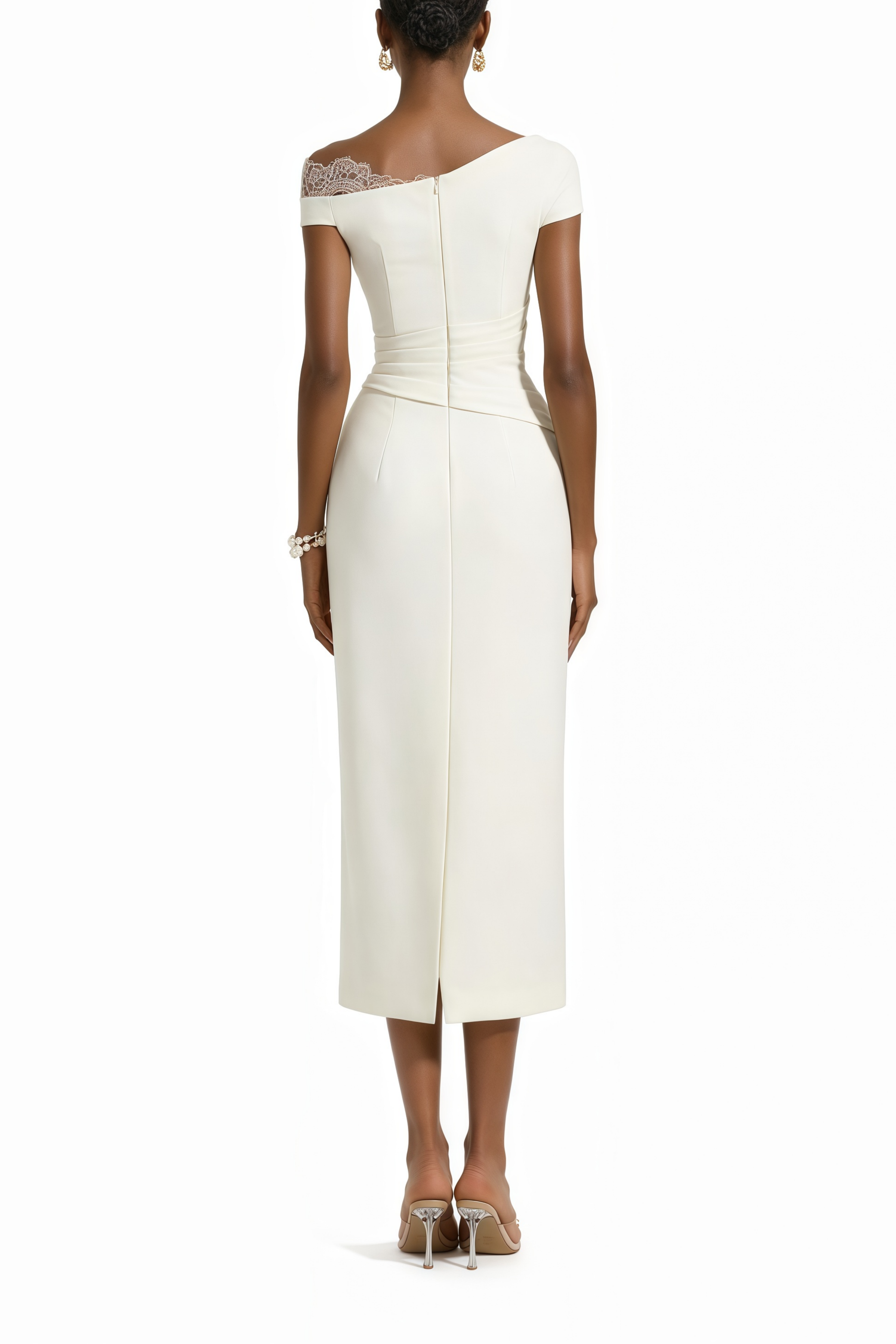 White high-neck halter maxi dress with an open back and asymmetric side drape