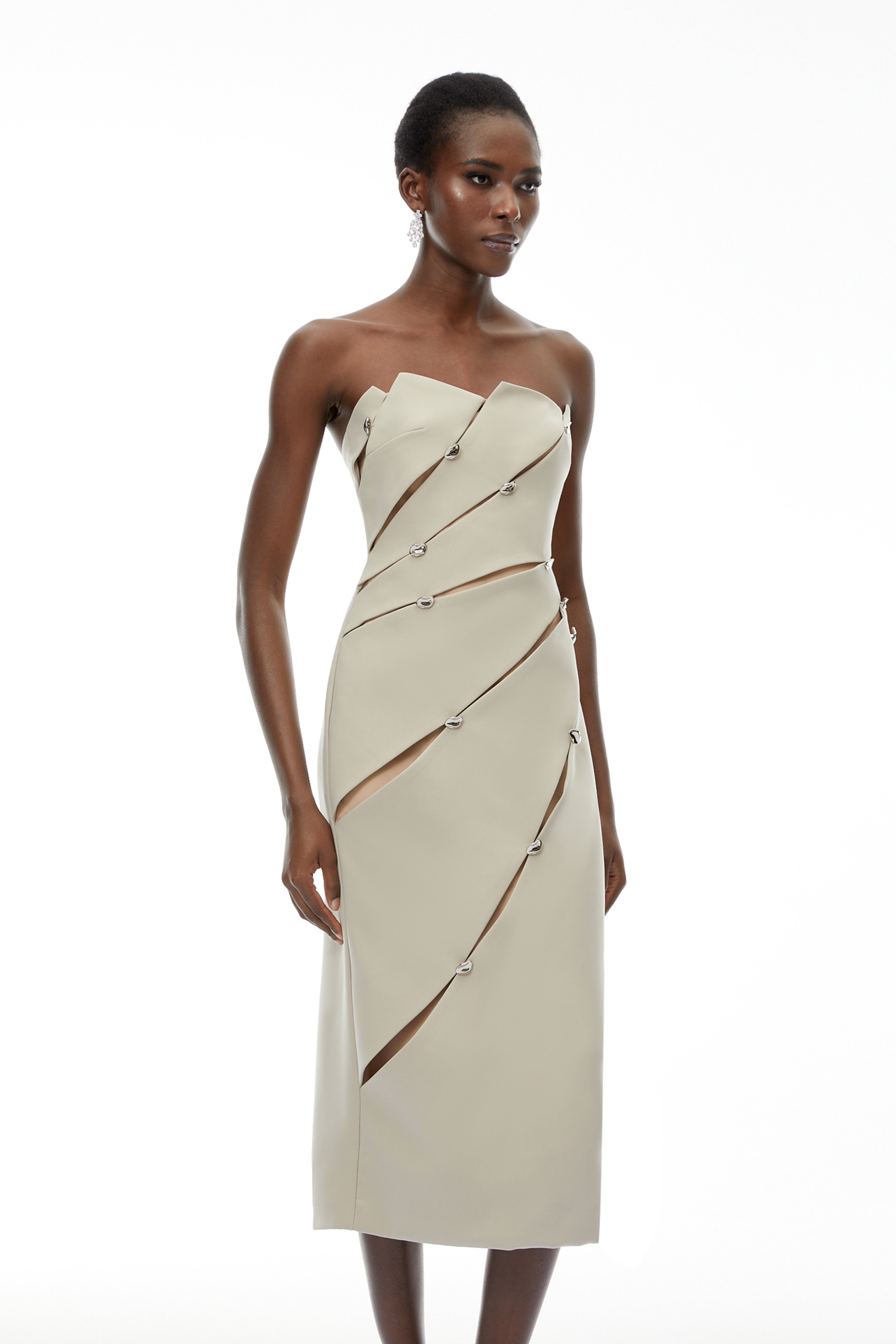 Rowena Khaki Asymmetrical Off Shoulder Midi Dress (Final Sale)