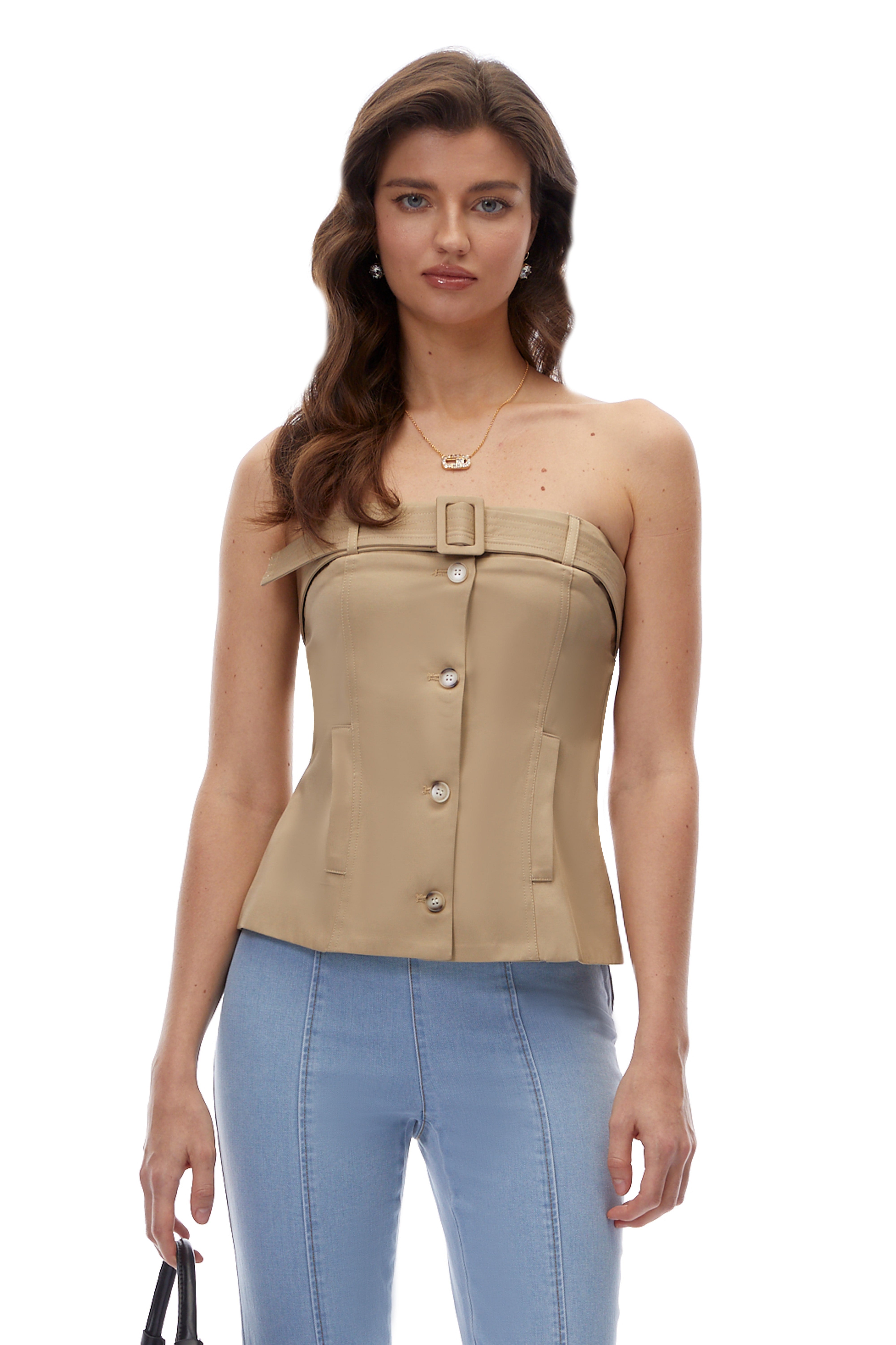 Sabrina Khaki Strapless Button Down Top
