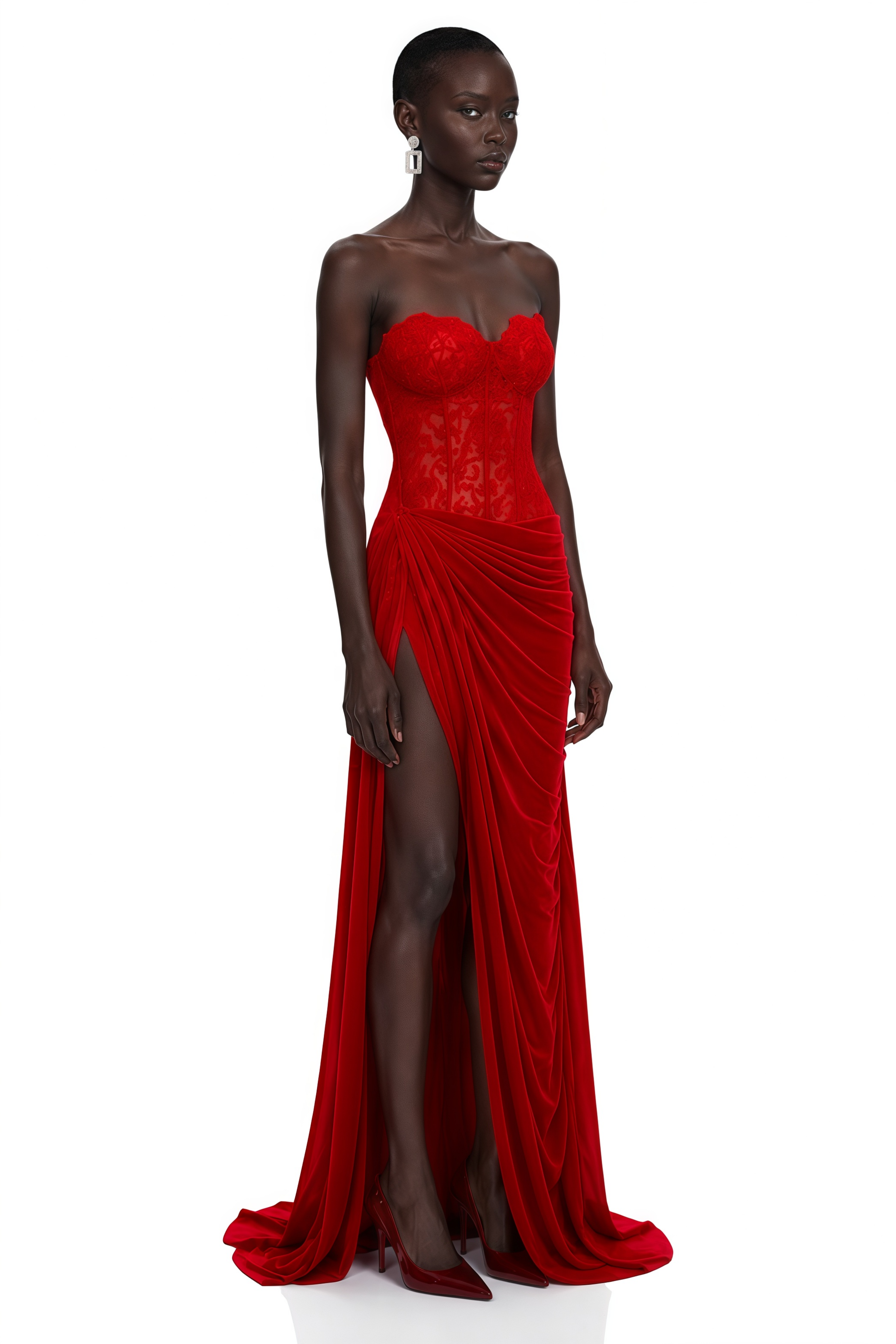 Sabrina Red Off Shoulder Ruched Maxi Dress with Lace Panels