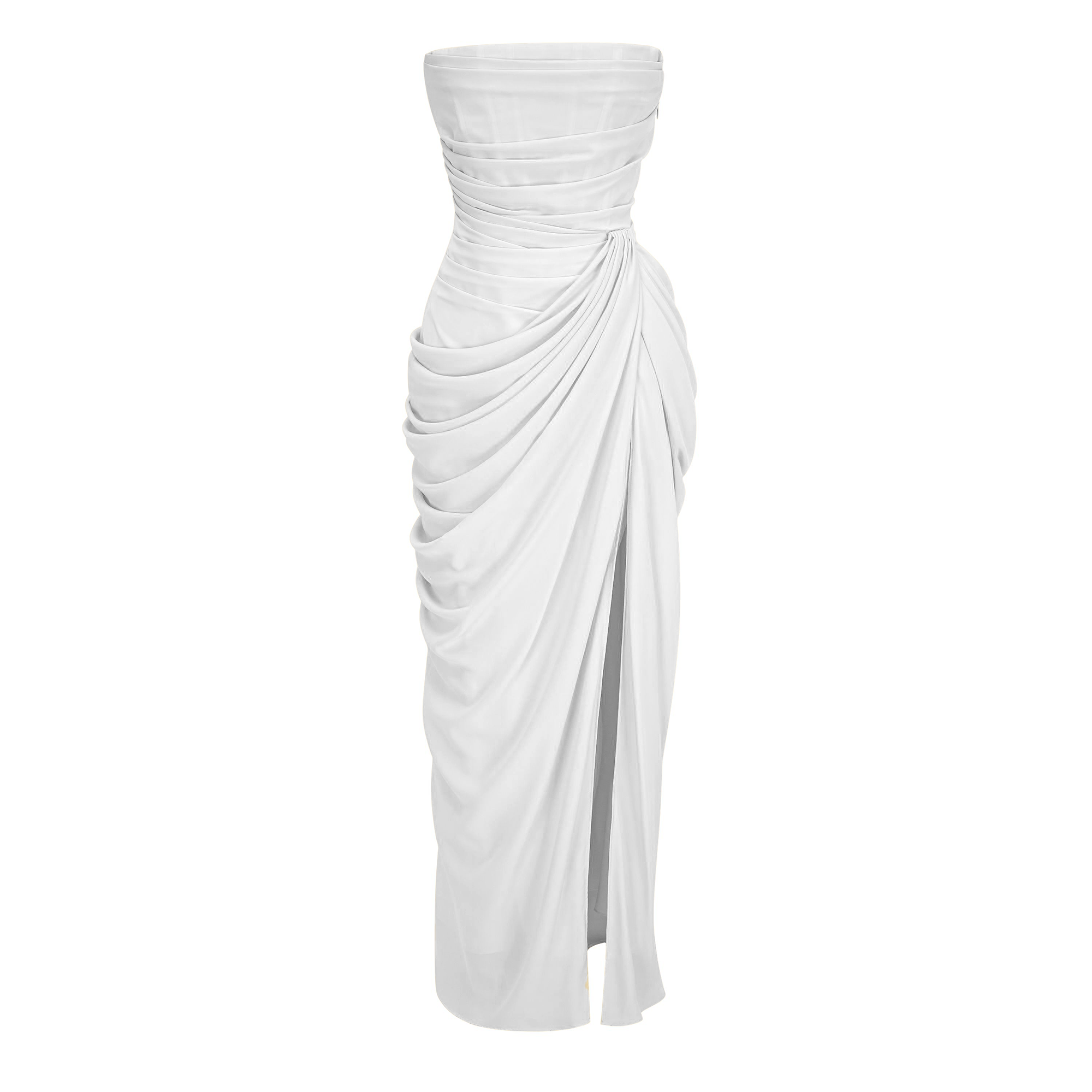 Robe longue froncée blanche Safiya avec décolleté croisé
