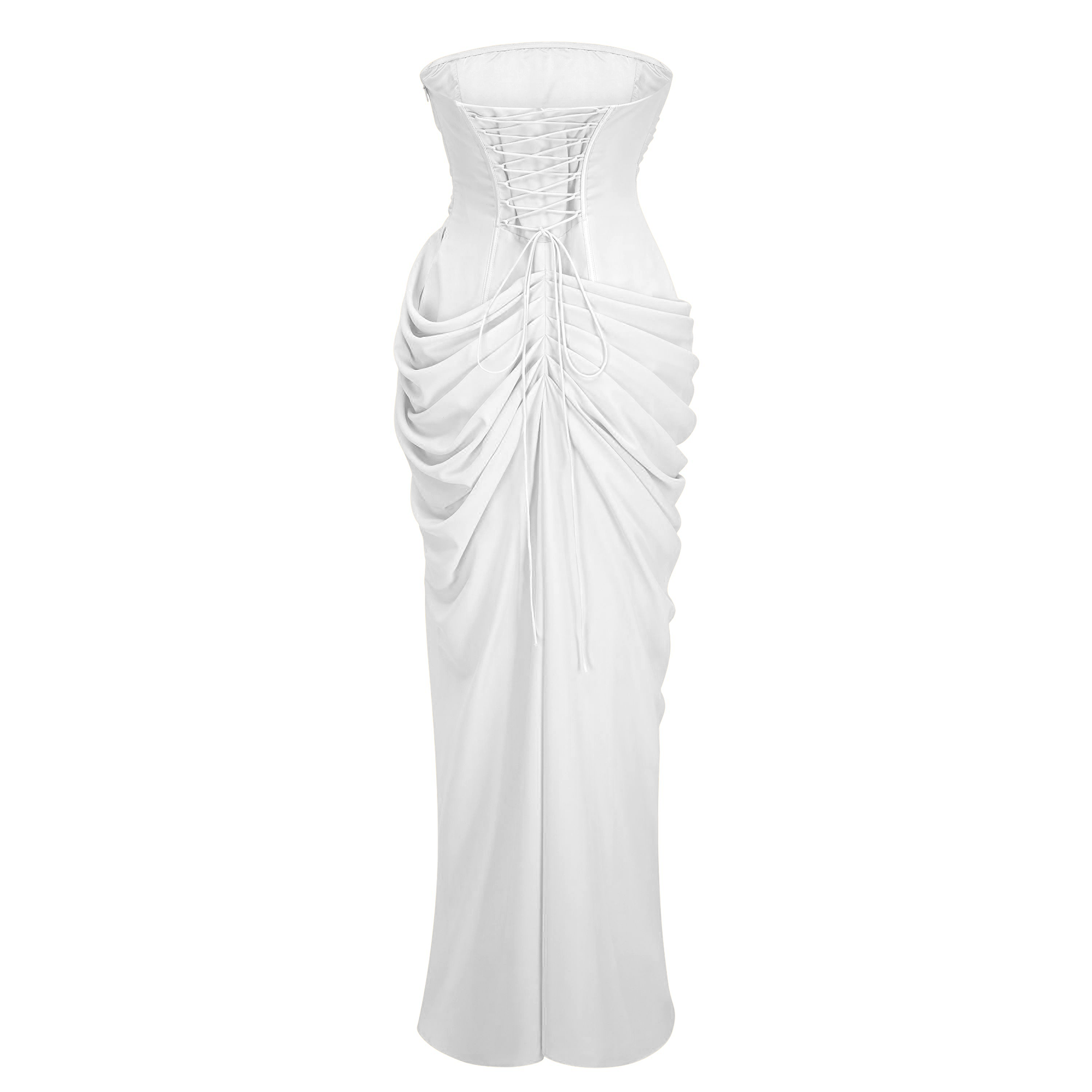 Robe longue froncée blanche Safiya avec décolleté croisé