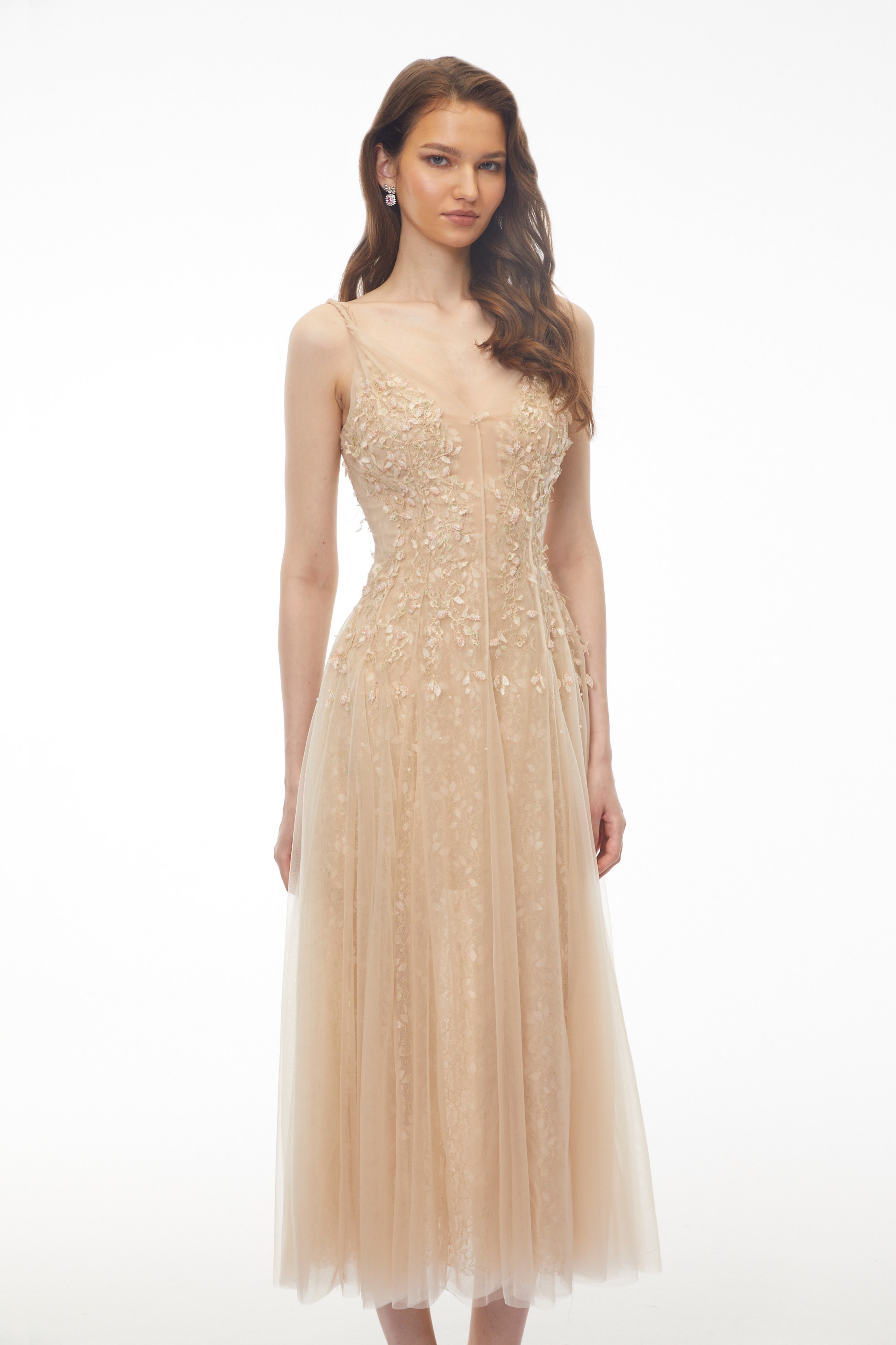 Saga Neutral Pleated Maxi Dress with 3D Petals (Final Sale)