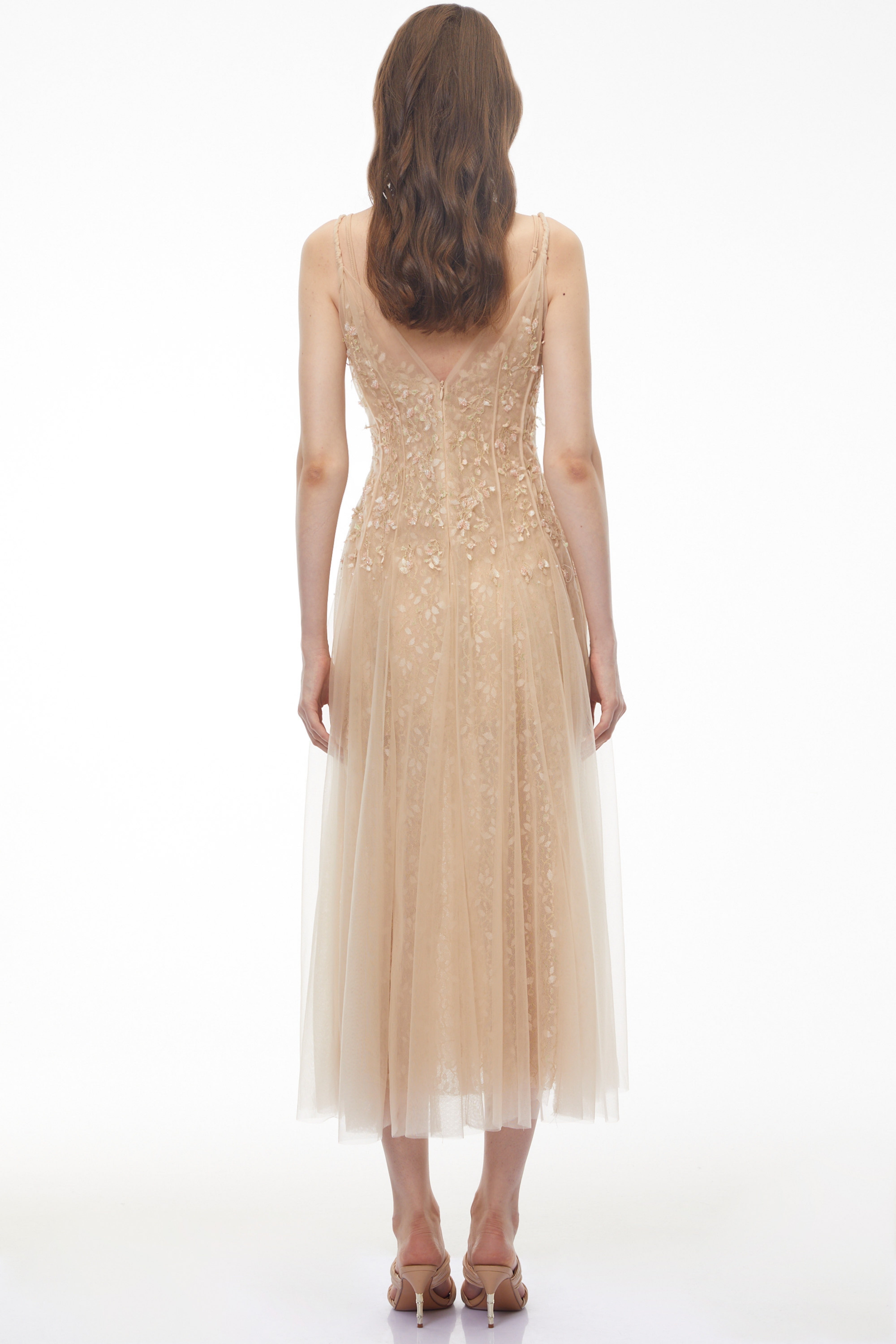 Saga Neutral Pleated Maxi Dress with 3D Petals (Final Sale)
